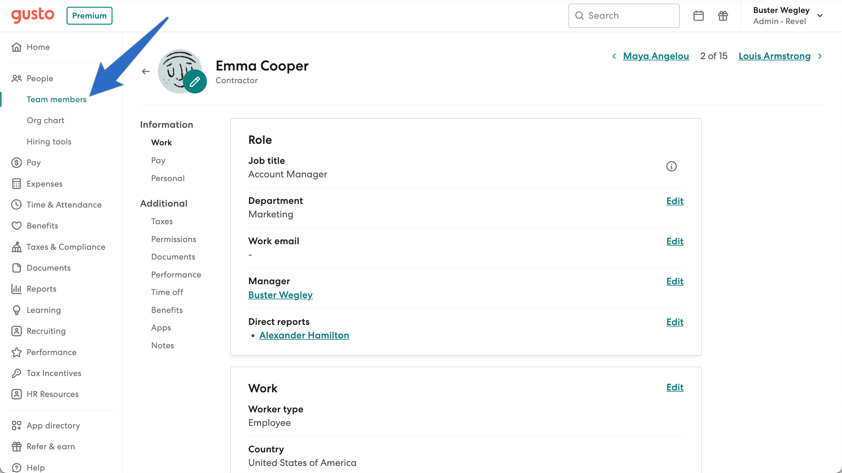 Gusto team member record automatically generated from JobScore integration