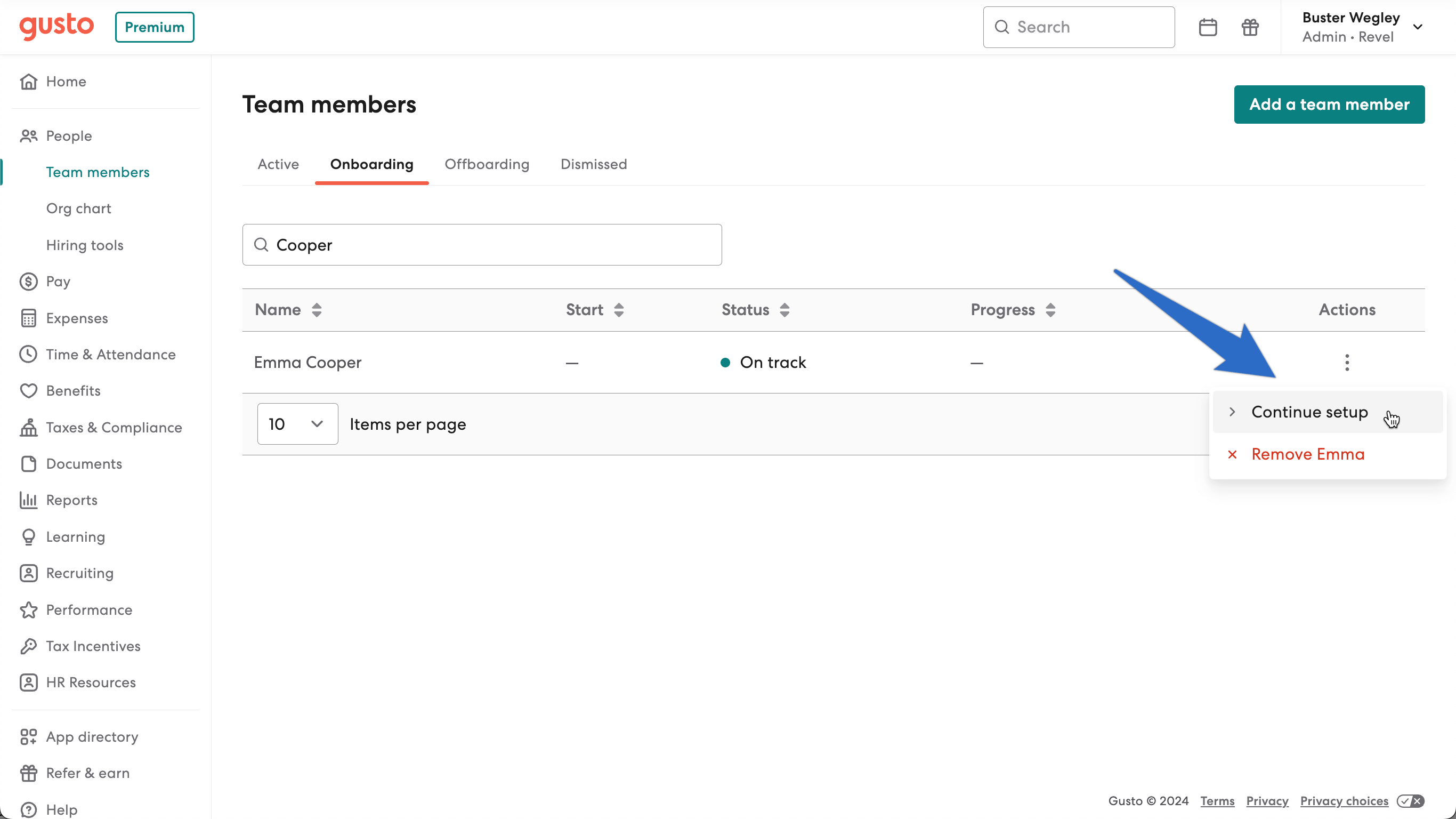 Gusto HRIS interface showing a team member onboarding workflow using synced candidate data from the JobScore ATS integration