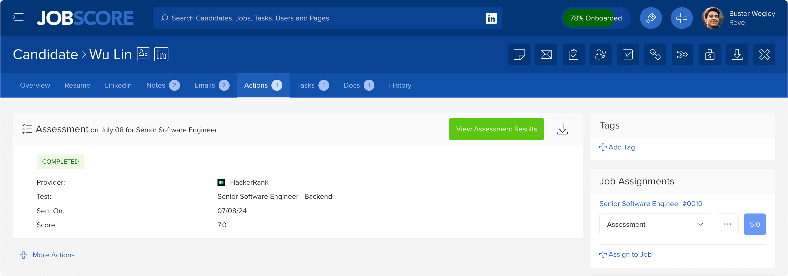 Completed HackerRank assessment results shown on a candidate profile in JobScore