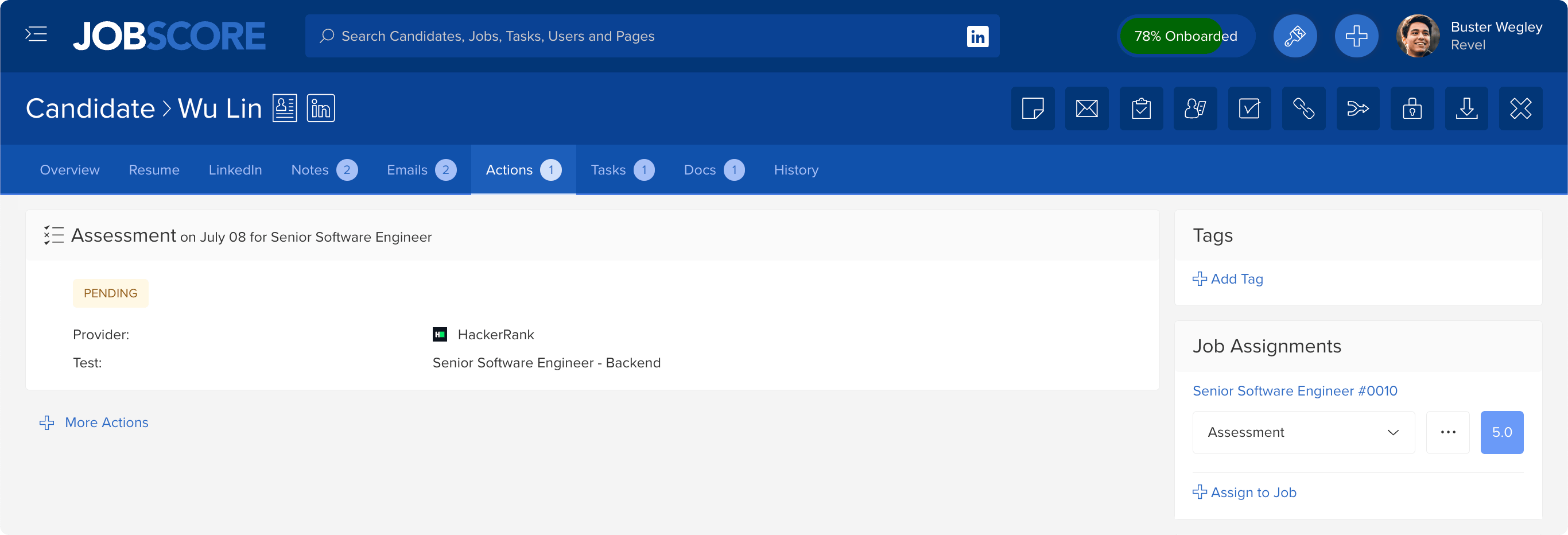 Pending HackerRank coding assessment shown on a candidate profile in JobScore