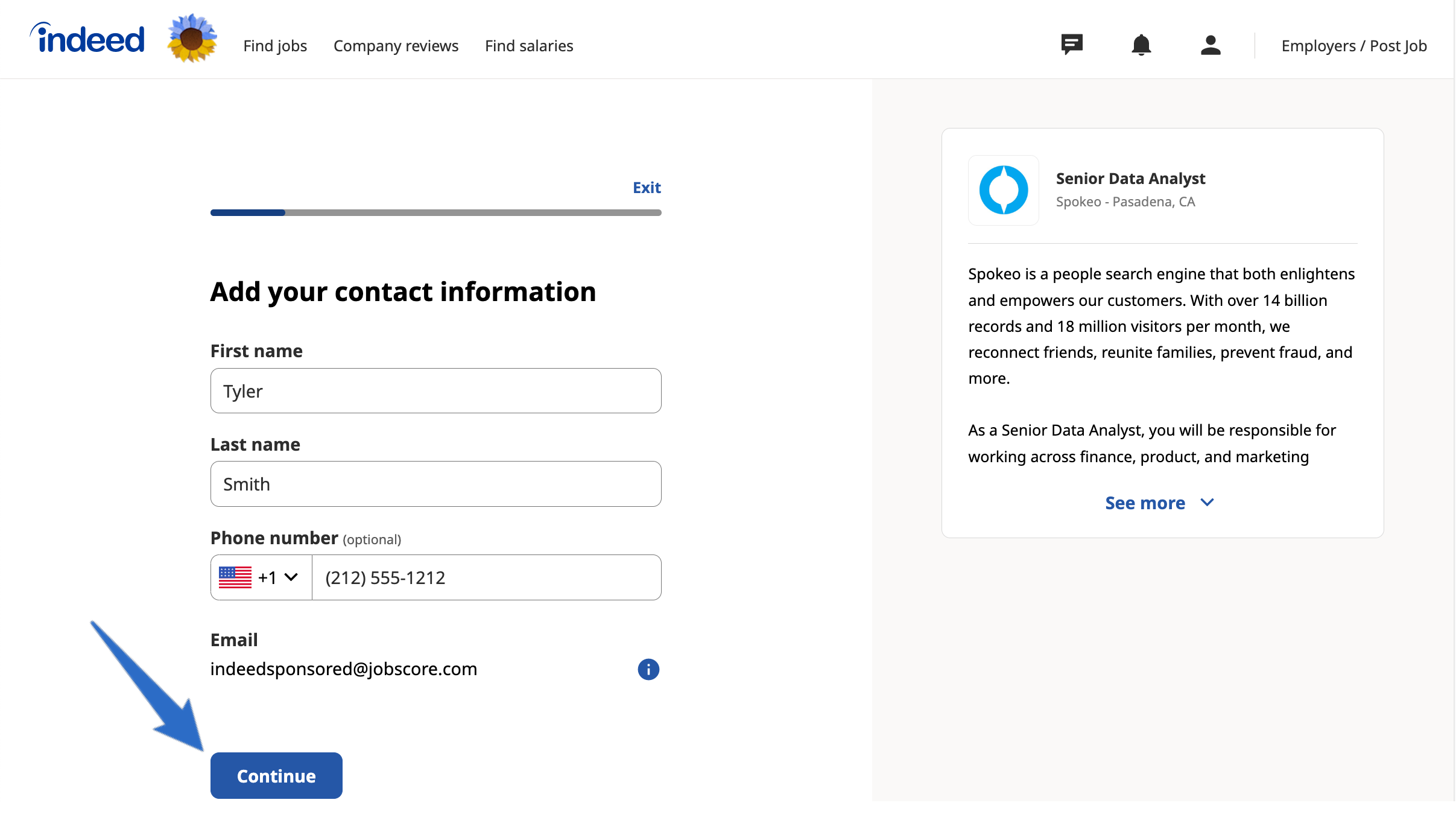 Candidate application form shown through Indeed integration with JobScore