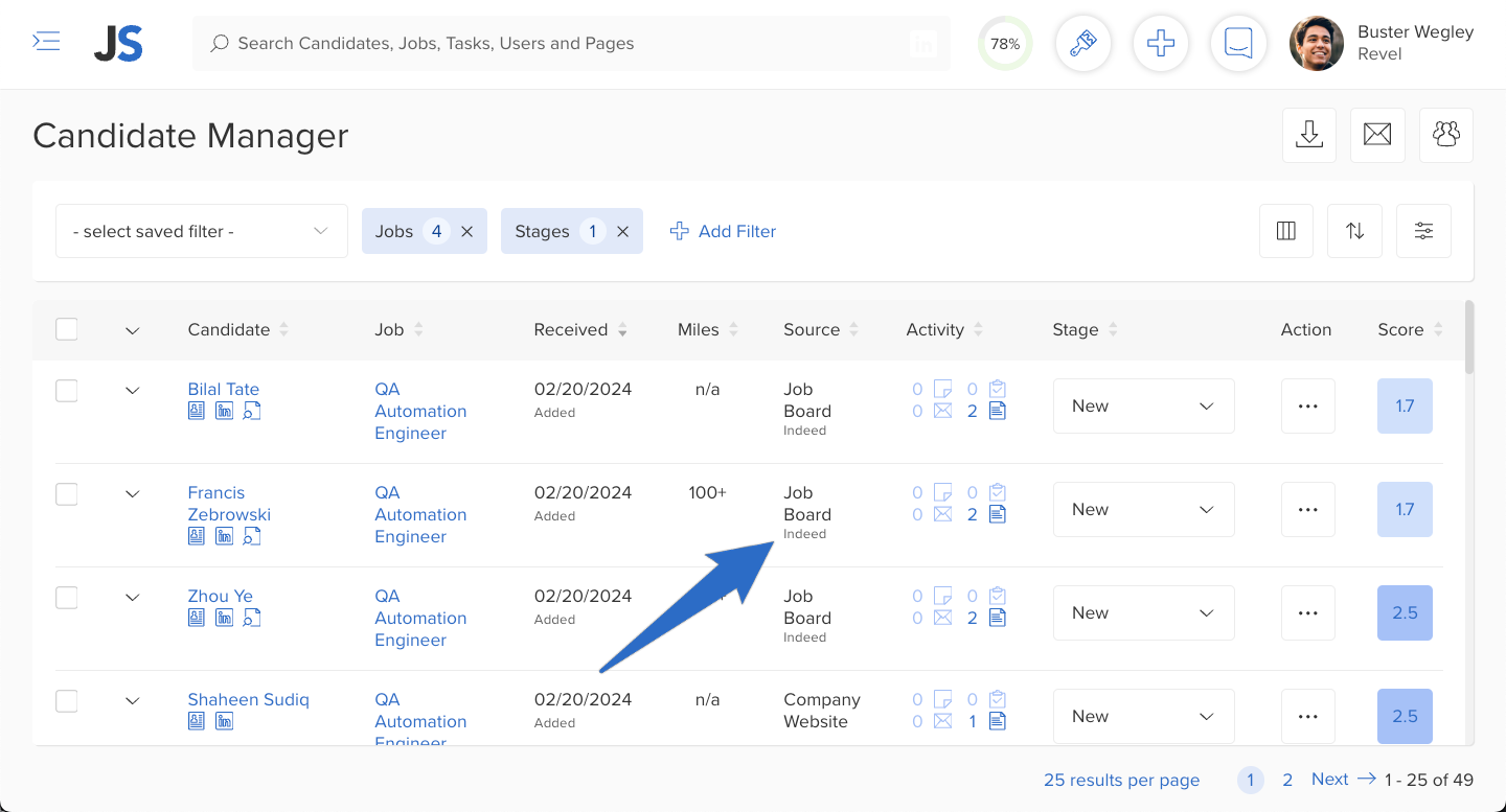 JobScore recording Indeed as the applicant source