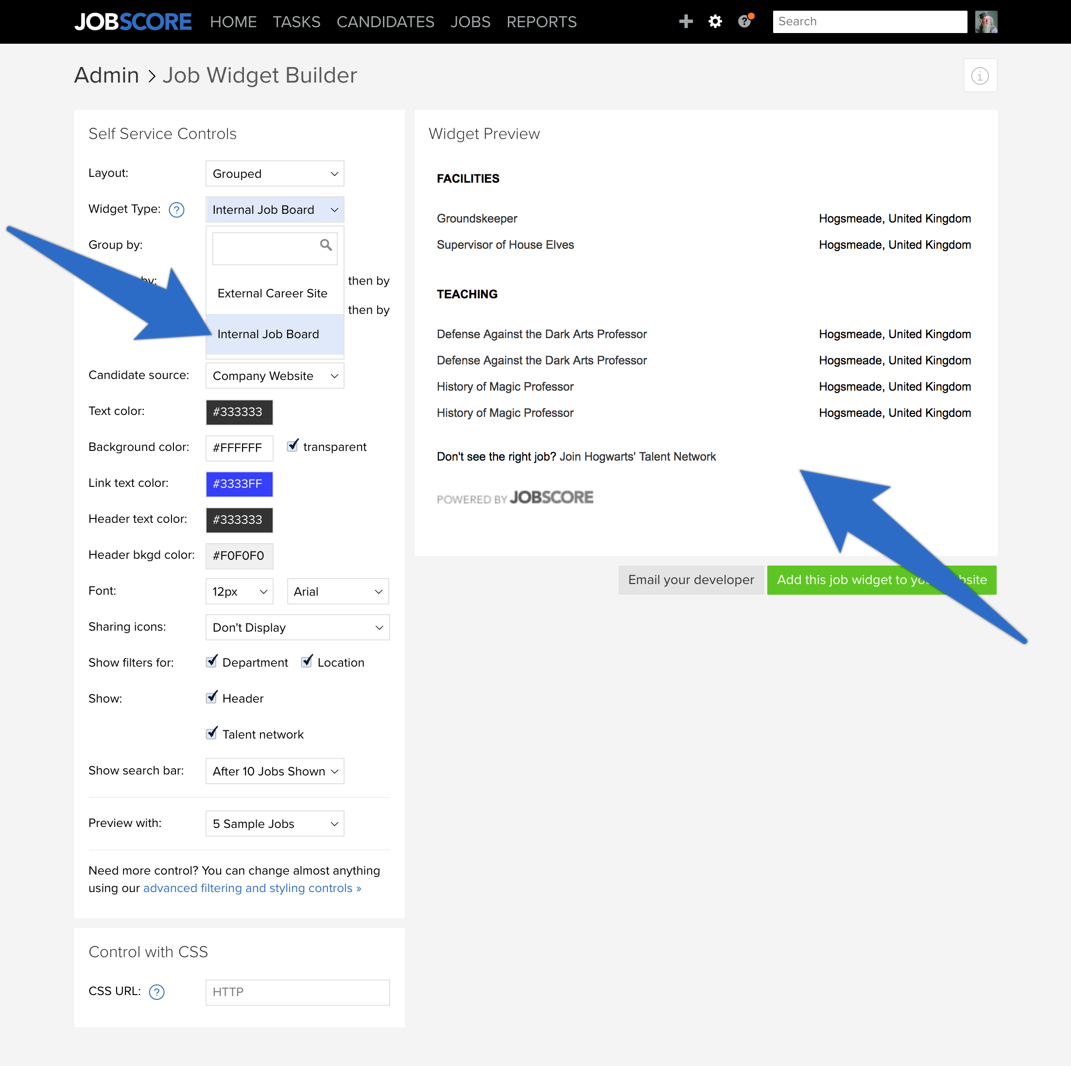 JobScore job widget builder showing an internal company job board configuration panel