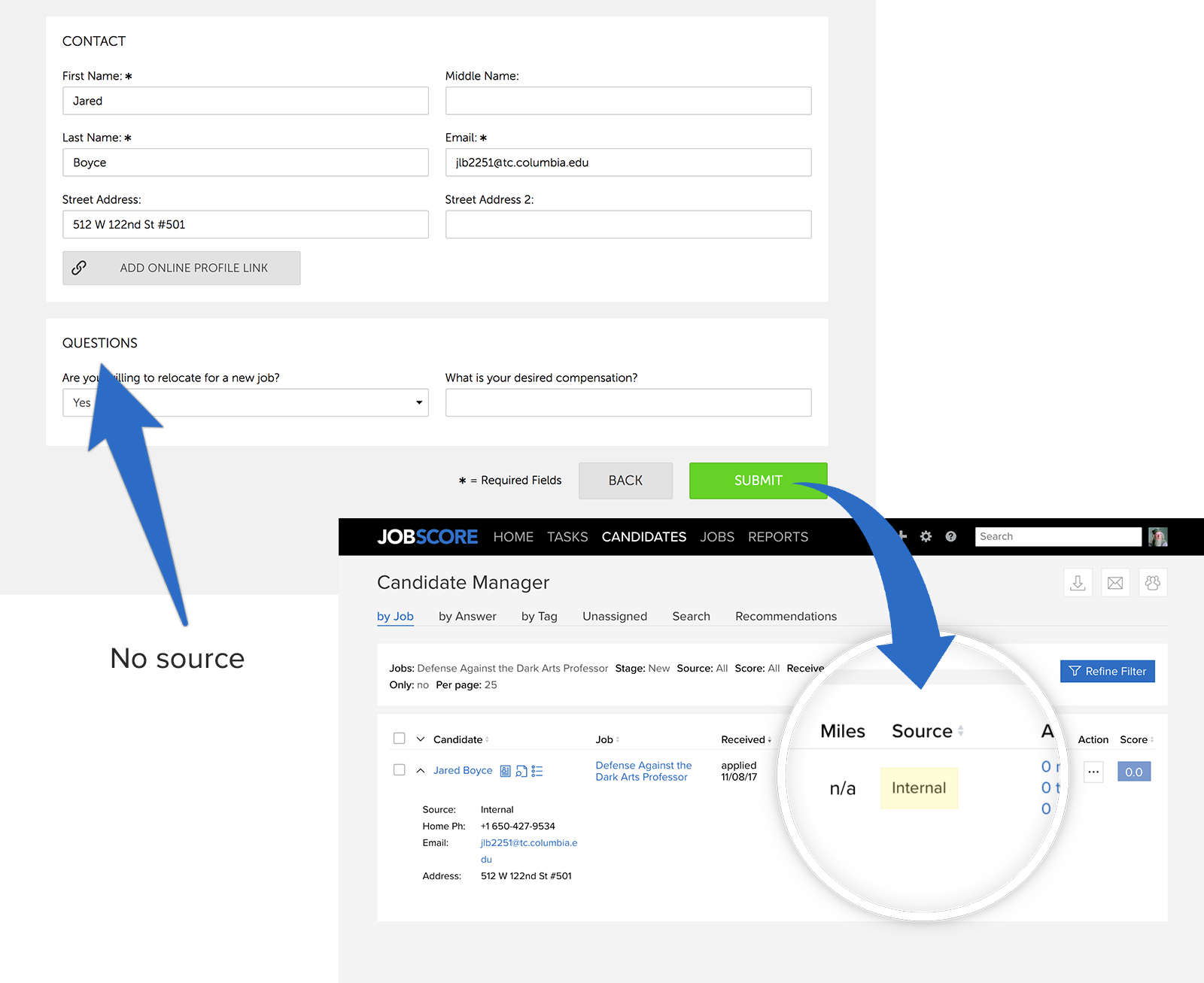 JobScore internal company job board application form showing candidate contact fields and source tracking