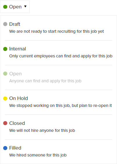 JobScore job status menu listing Draft, Internal, Open, On Hold, Closed and Filled with a description of each