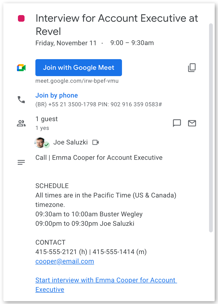 An interview invitation automatically added to the hiring team's Google Calendar via the JobScore ATS integration