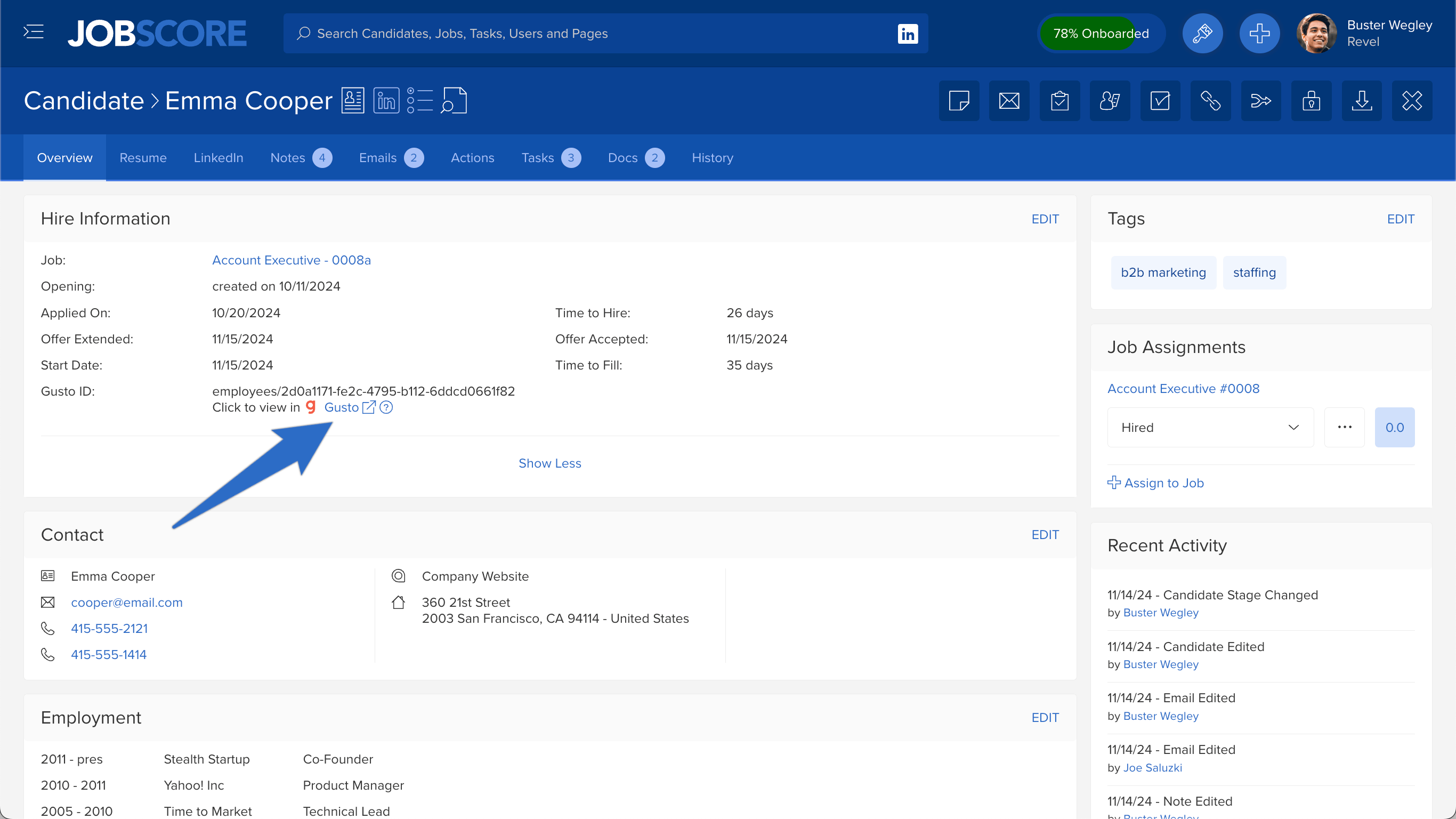 JobScore candidate overview screen showing a shortcut linking to Gusto employee records
