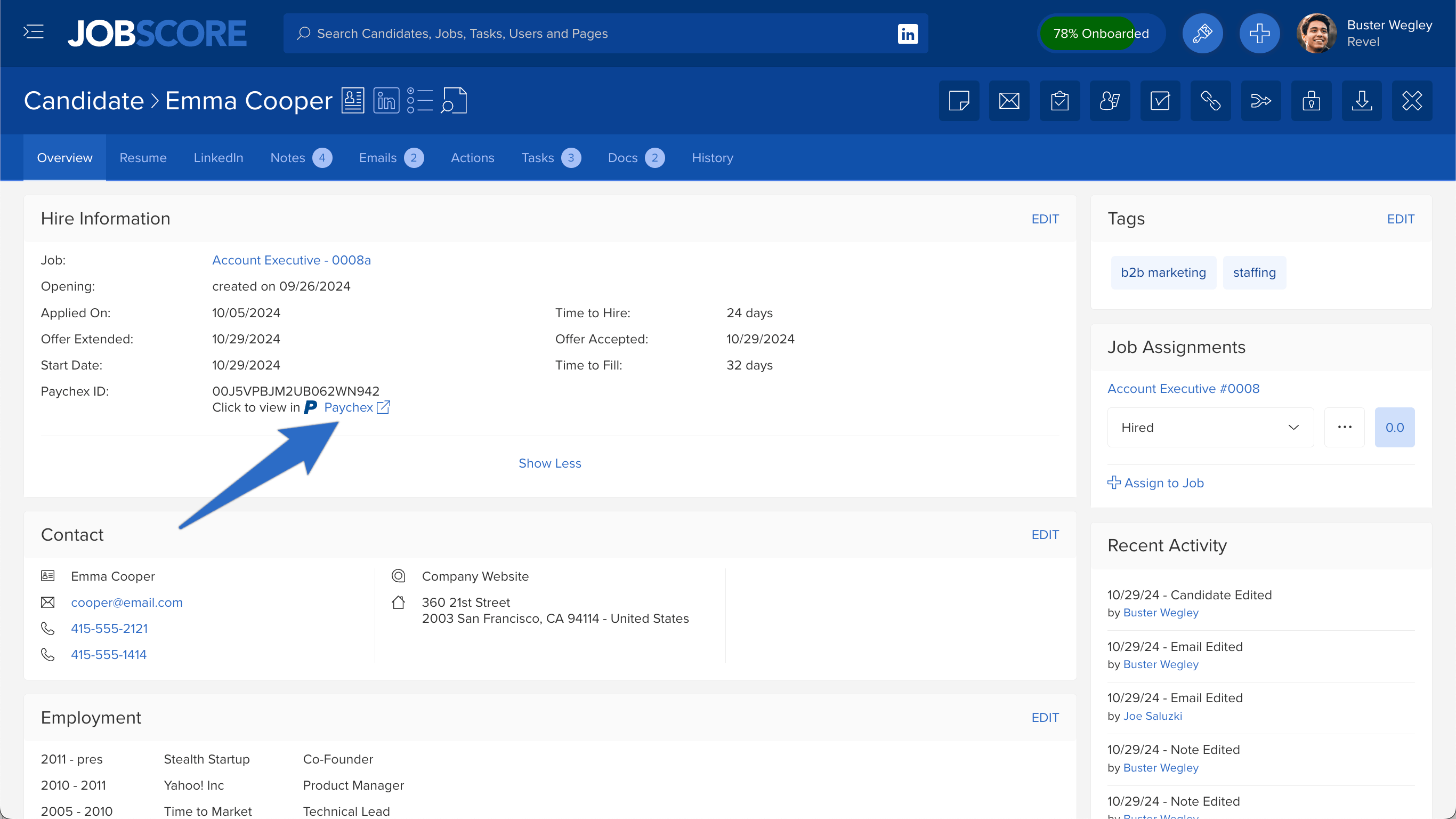 JobScore candidate overview screen showing a shortcut linking to Paychex employee records