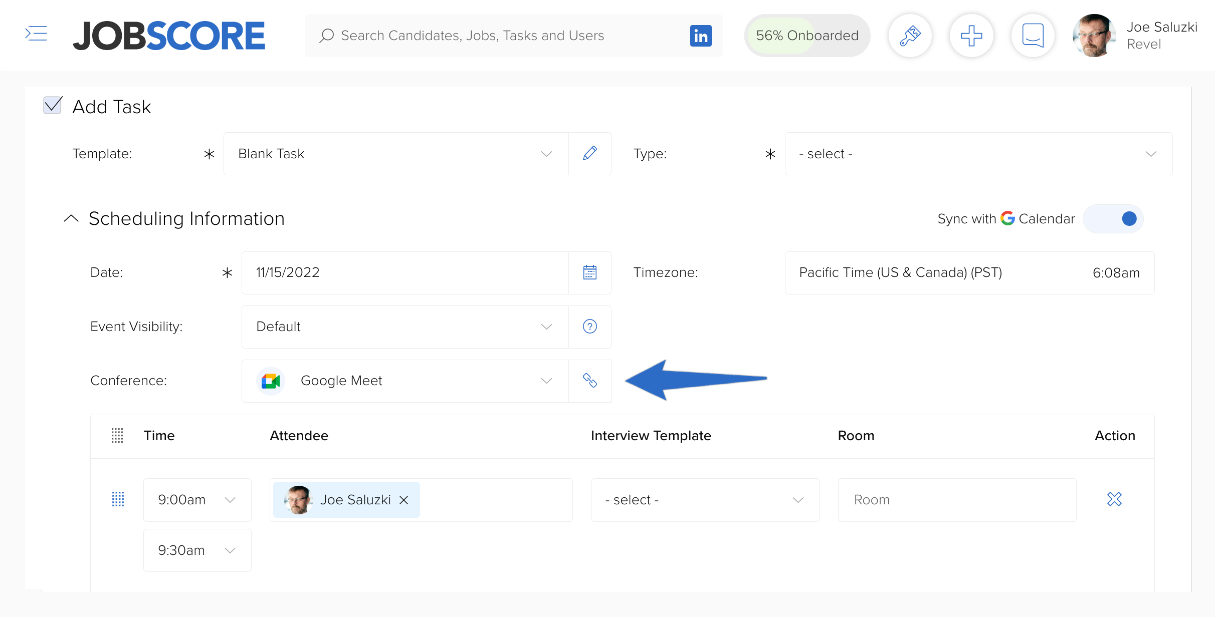 JobScore interview scheduling interface with the option to add a Google Meet link via the integration