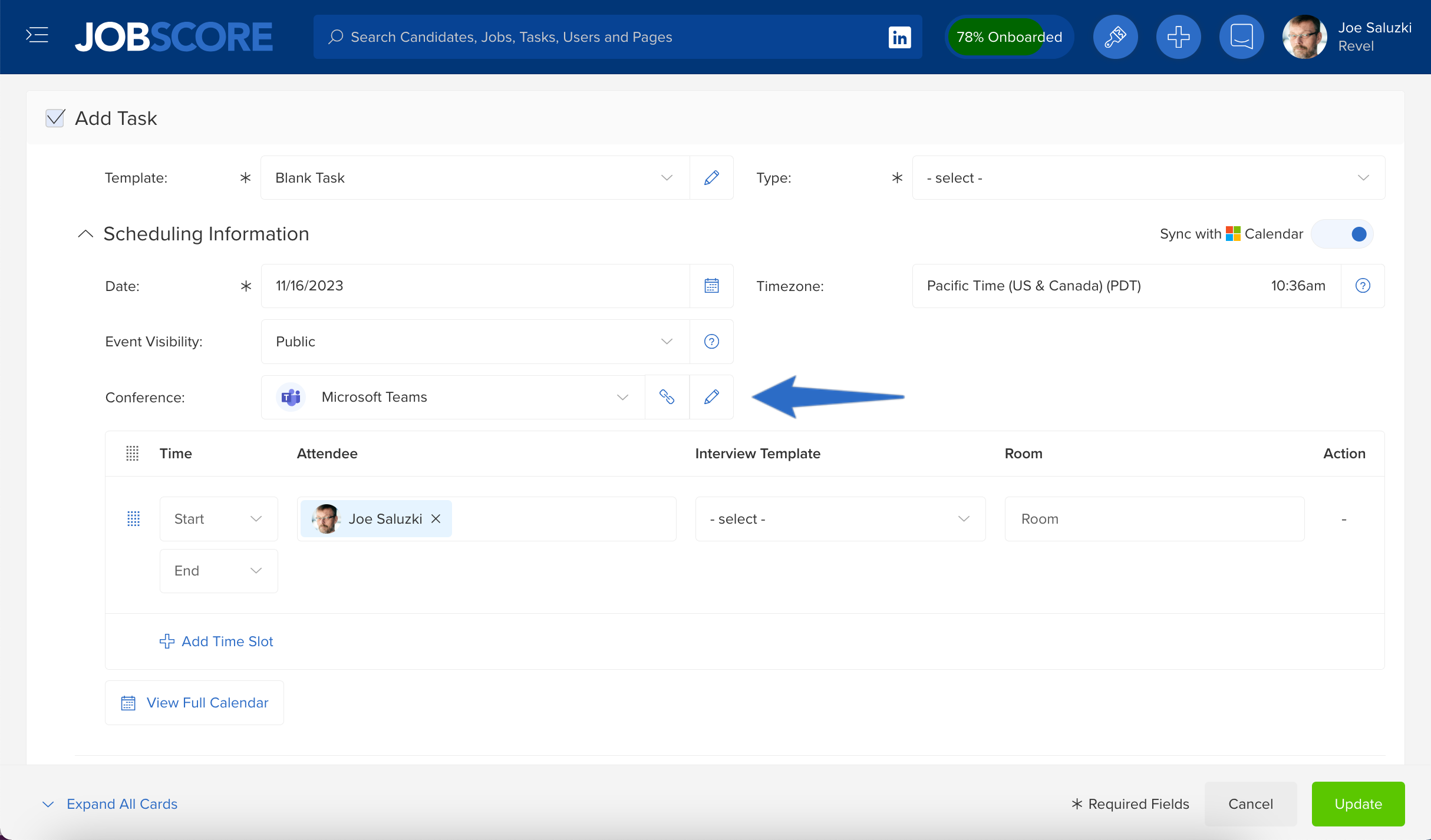 JobScore interview scheduling interface with the option to add a Microsoft Teams link