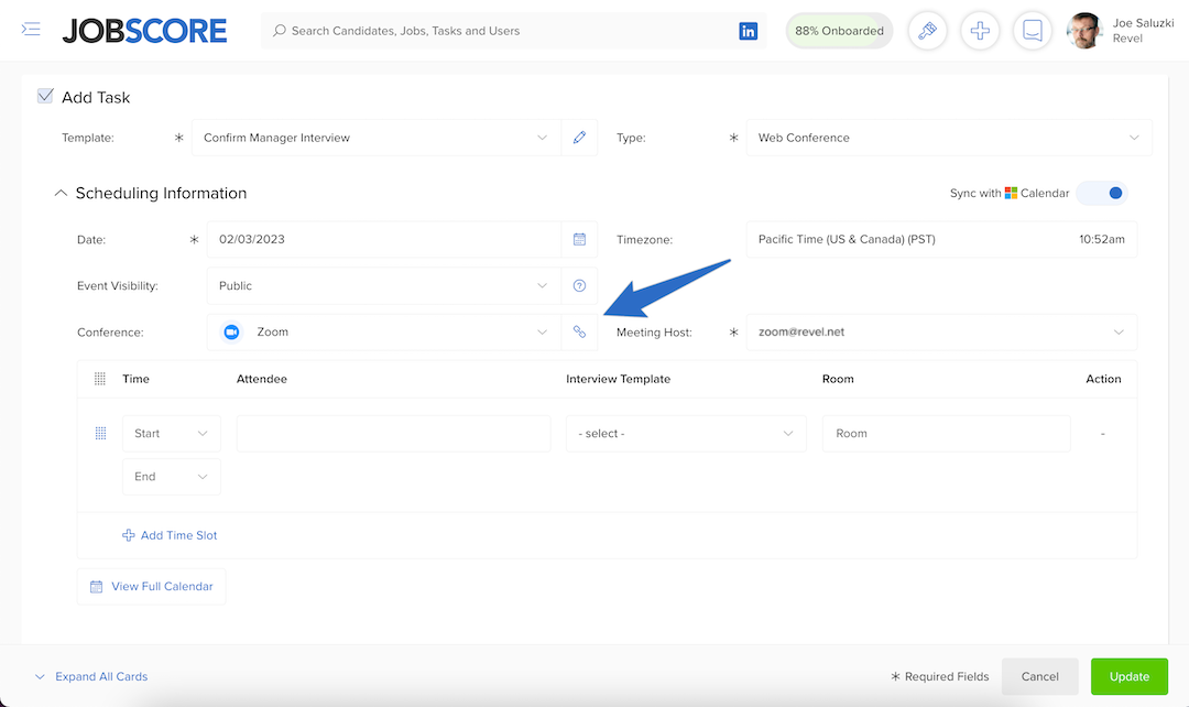 JobScore interview scheduling interface with the option to add a Zoom link