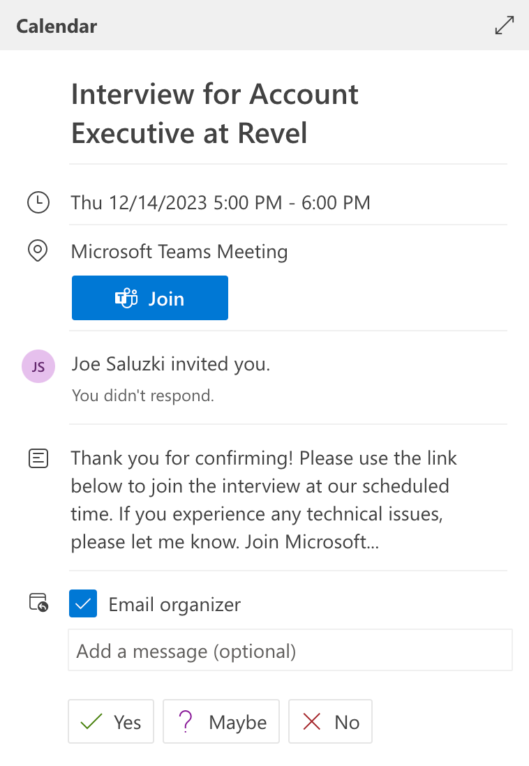 An interview invitation automatically added to the hiring team's Microsoft Outlook calendar via the JobScore ATS integration
