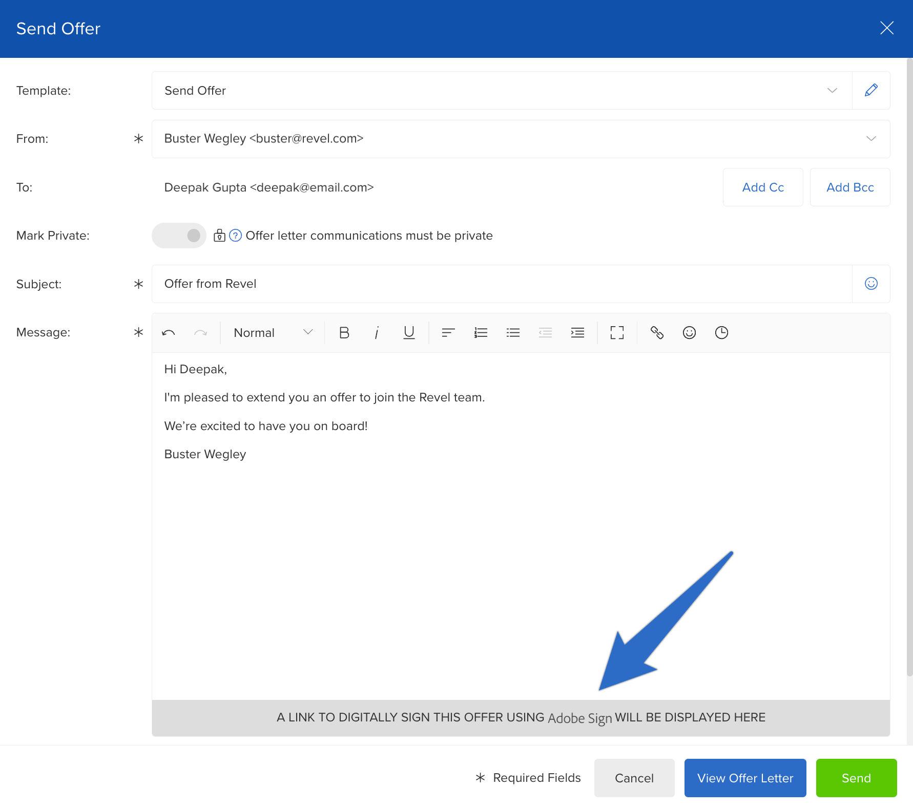 Employer view of an offer letter template created through the JobScore Adobe Acrobat Sign ATS integration