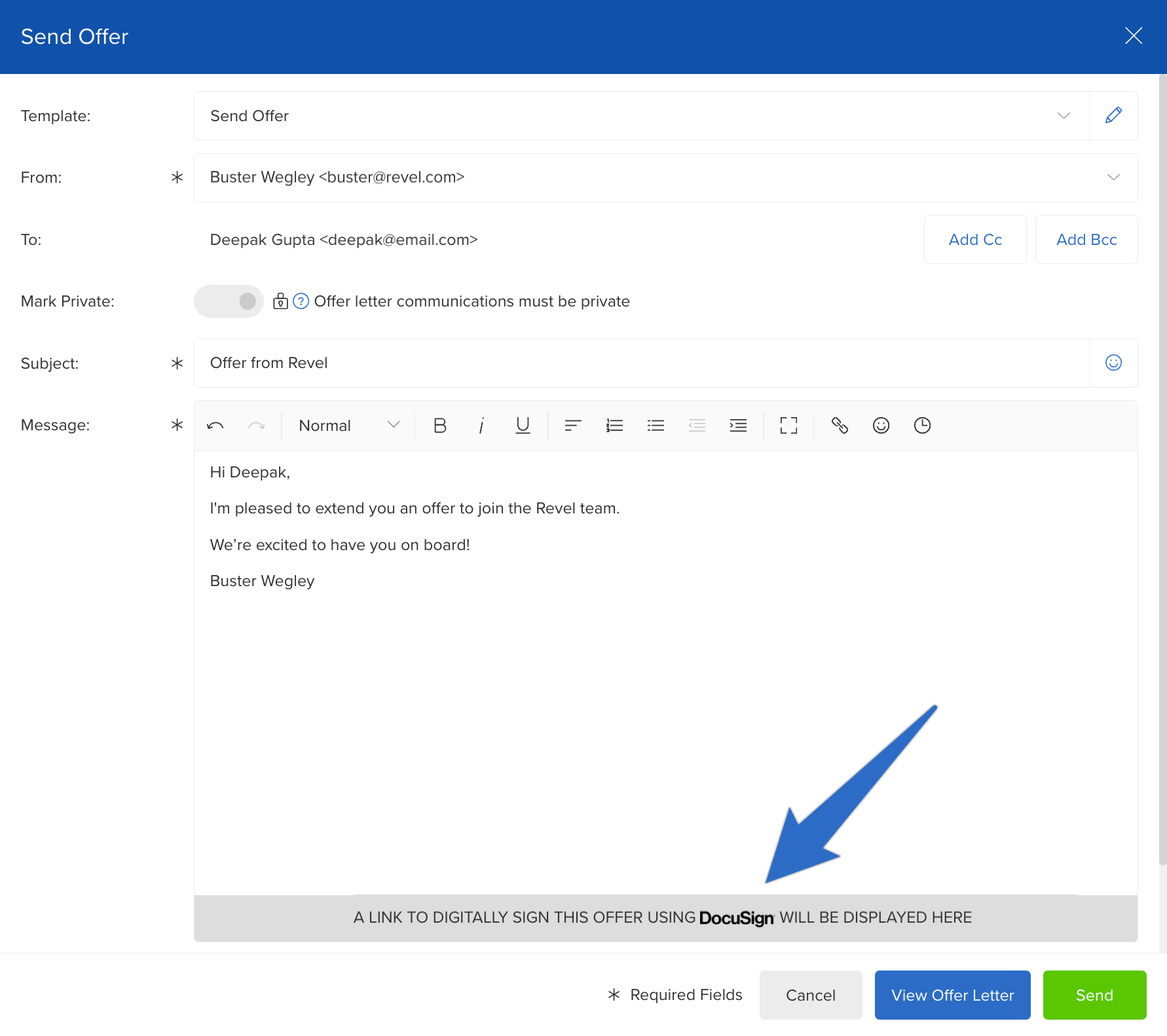 Employer view of an offer letter template created through the JobScore Docusign ATS integration