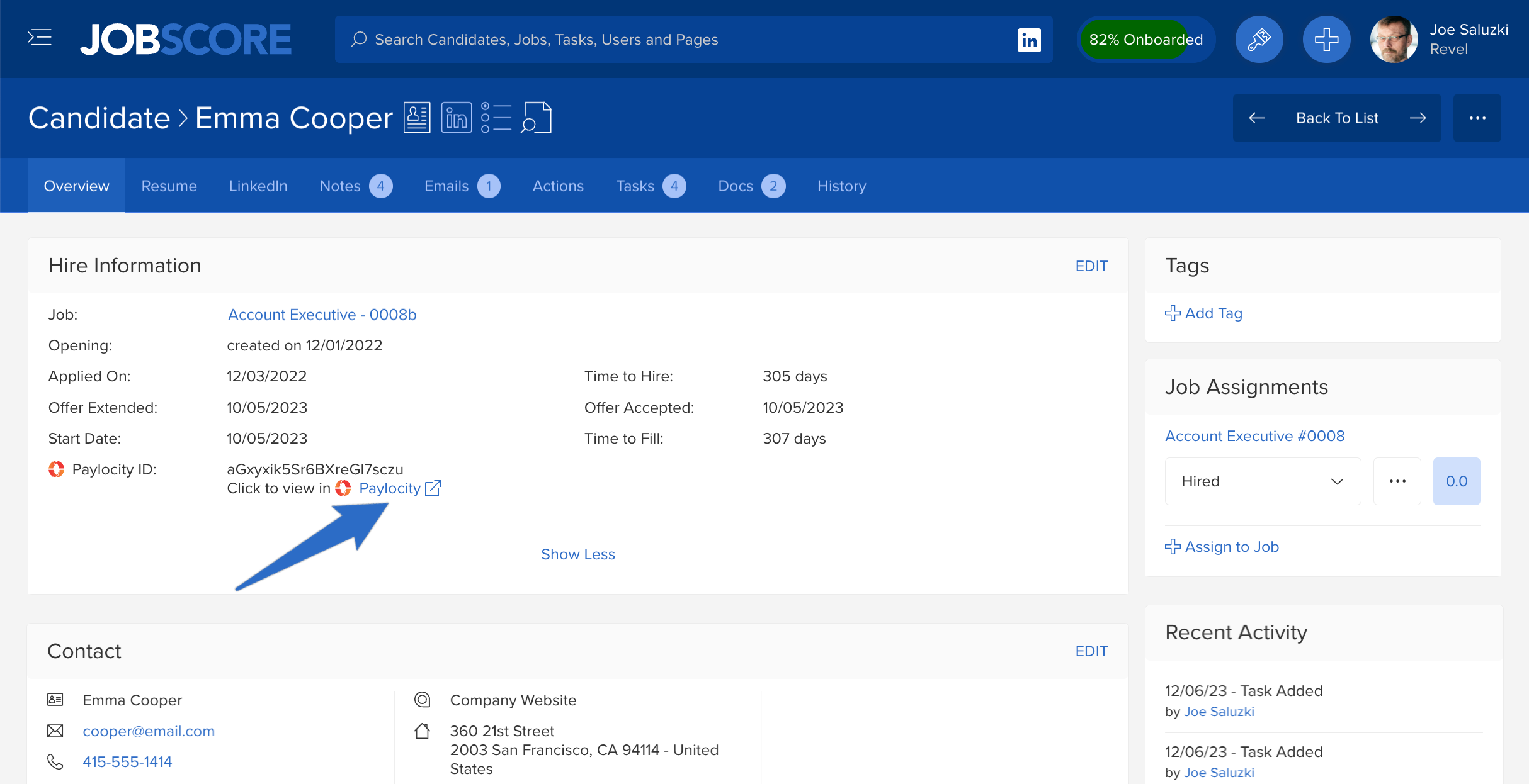 JobScore candidate overview screen showing a shortcut linking to Paylocity employee records