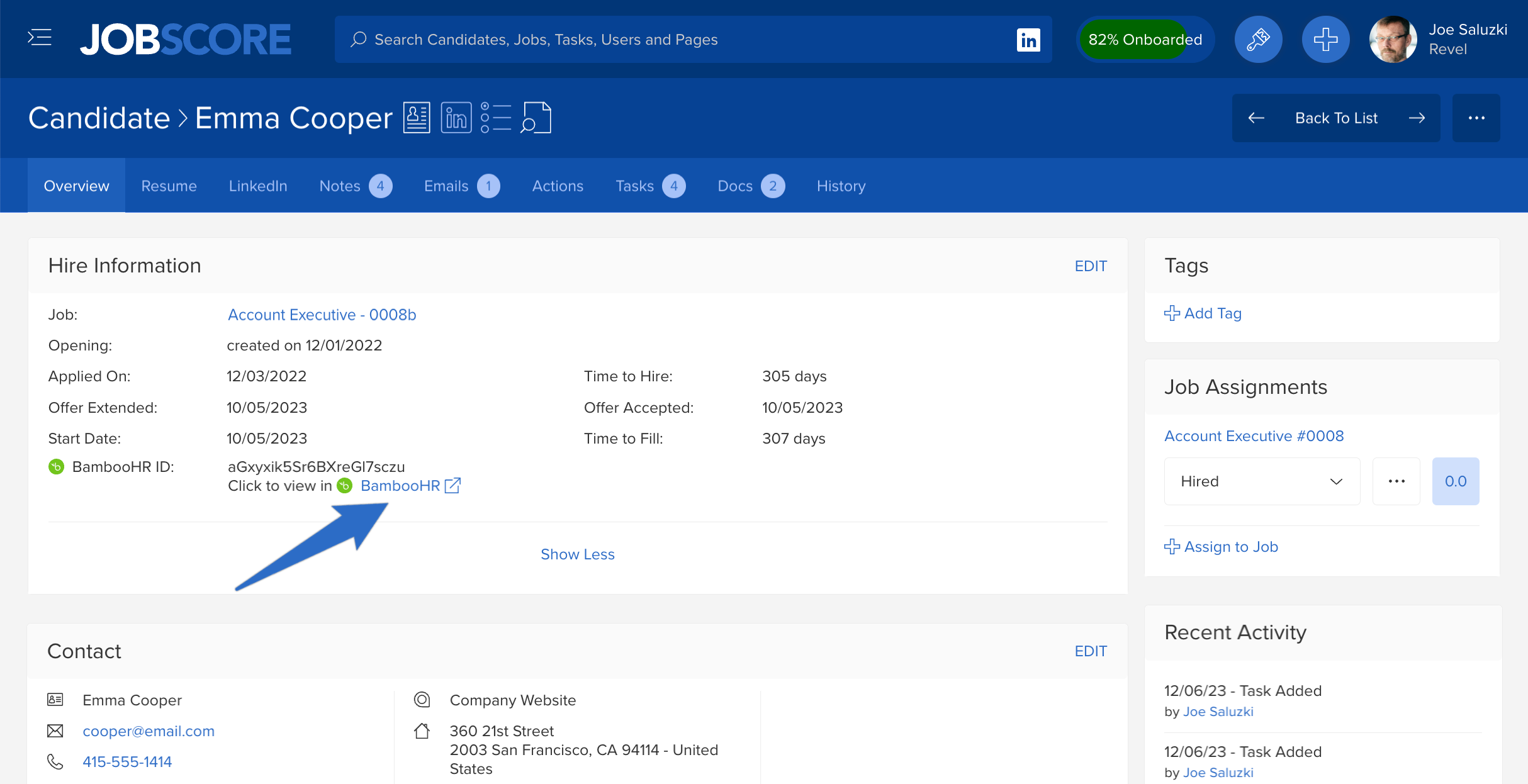 JobScore candidate overview screen showing a shortcut linking to BambooHR employee records