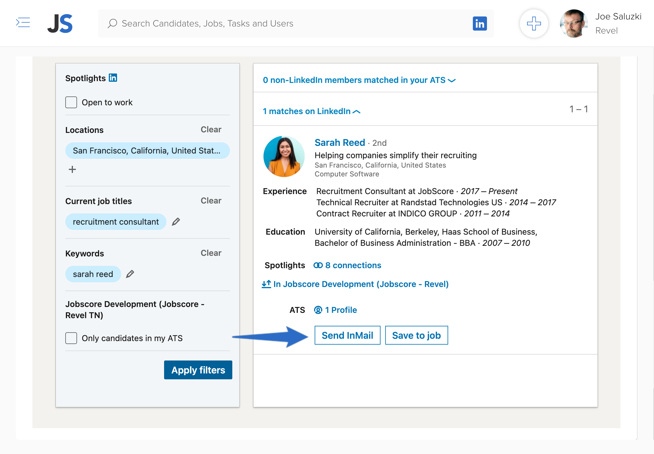 Sending a LinkedIn InMail message to a candidate directly from JobScore