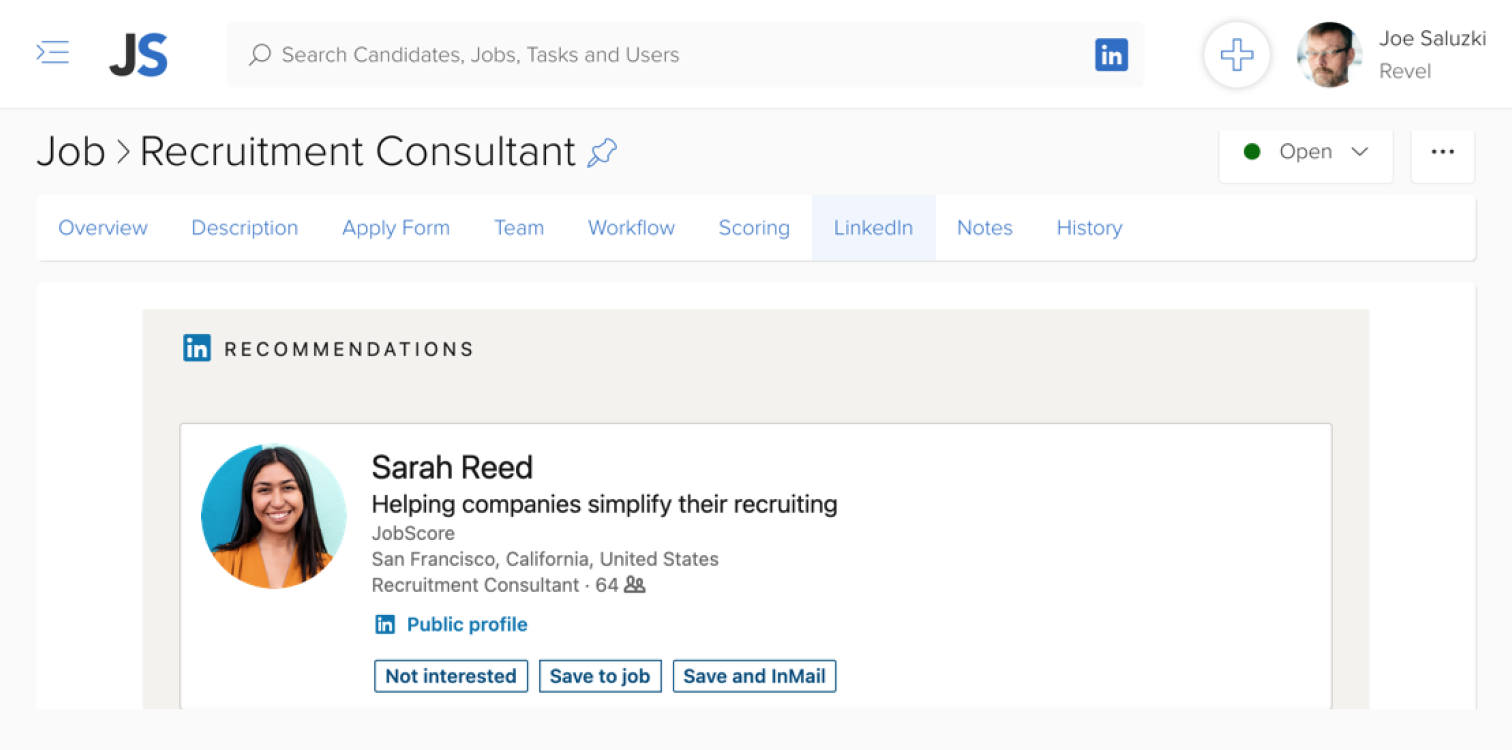 LinkedIn recommended candidate matches for an open job in JobScore