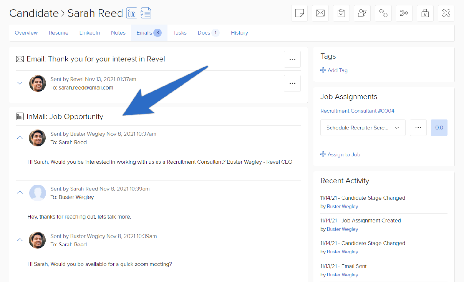 See LinkedIn InMail history in JobScore