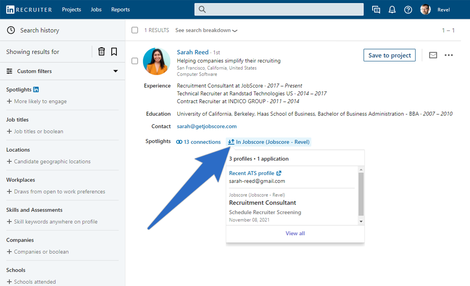 LinkedIn synced with JobScore via LinkedIn Recruiter System Connect