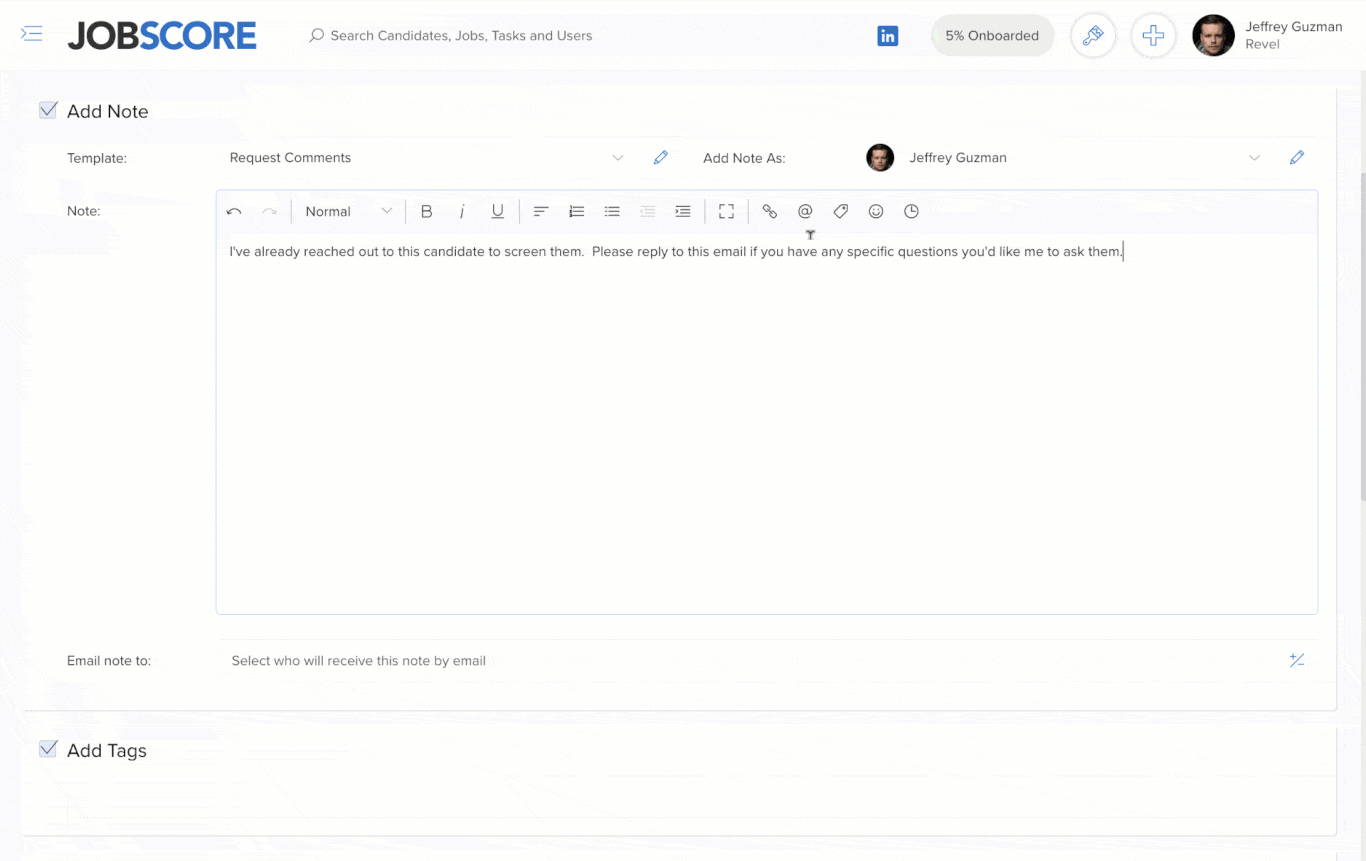 JobScore Recruiting software with @mentions, #tags, and :emojis makes discussing candidates fast, easy and fun