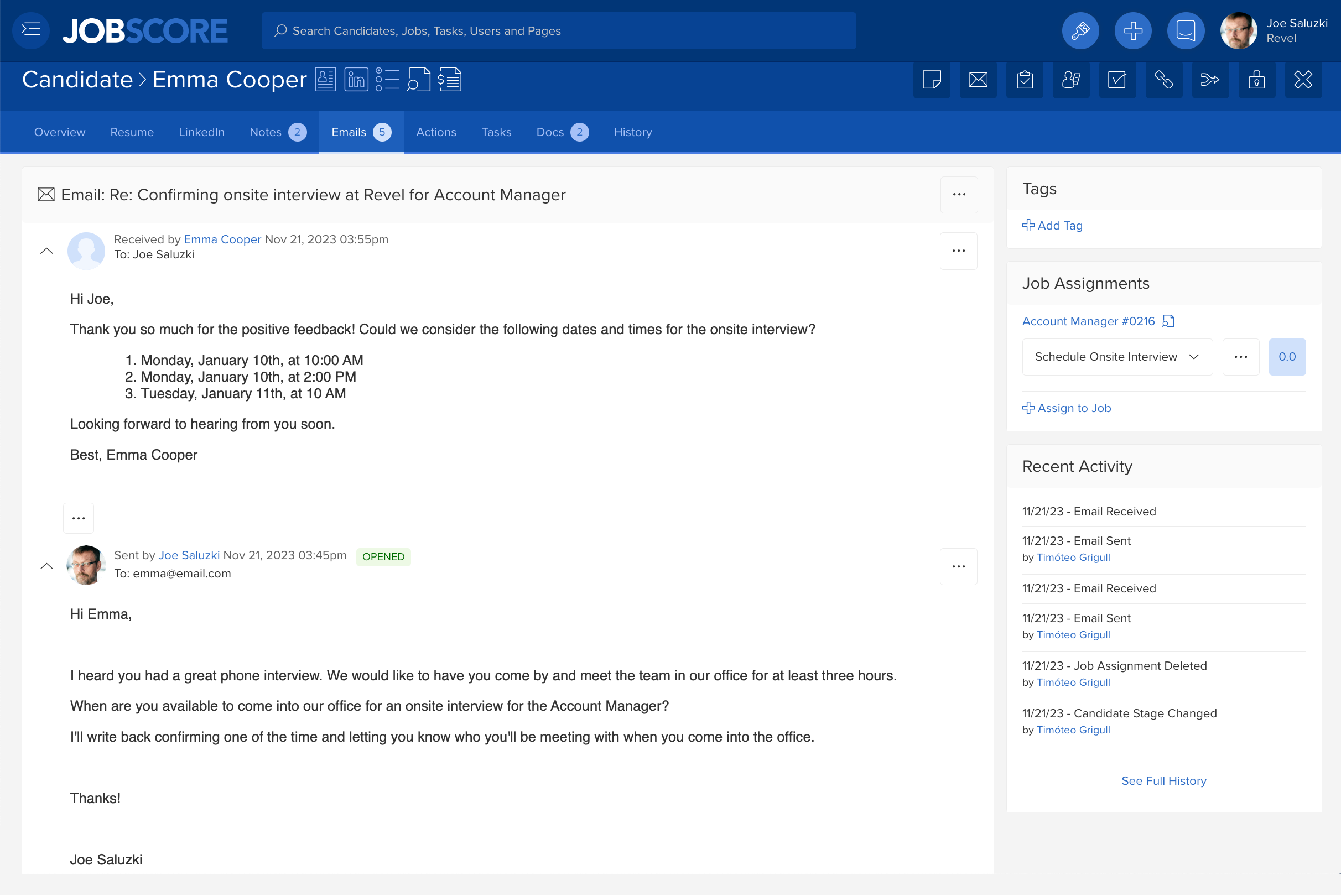 Candidate email history in JobScore via the Microsoft Outlook ATS integration