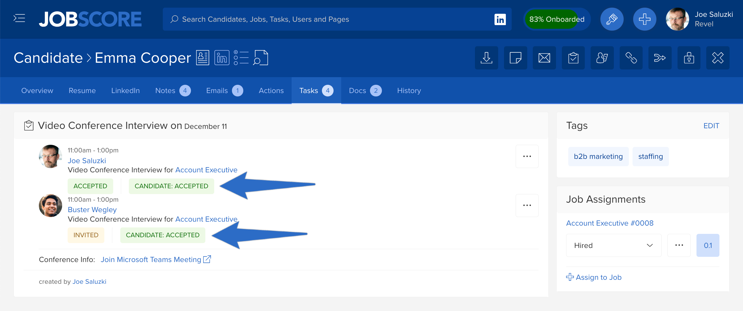 JobScore interface showing that a candidate has accepted an interview invitation via the Microsoft Outlook ATS integration
