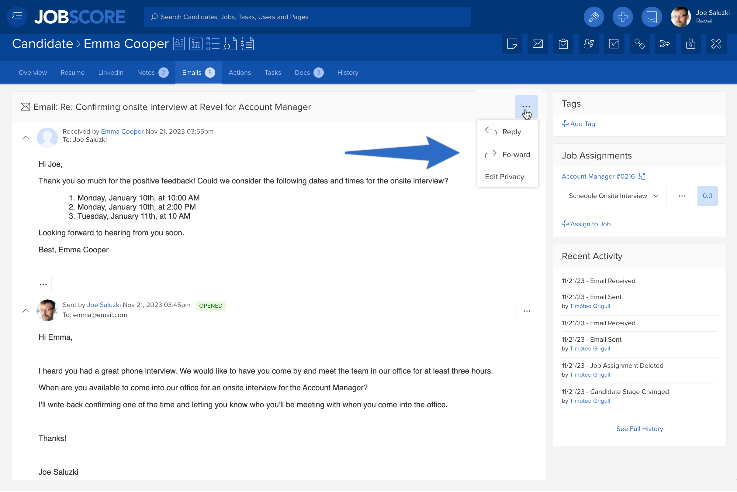 Job candidate email activity with reply and forward functionality natively inside JobScore with the Microsoft Outlook ATS integration