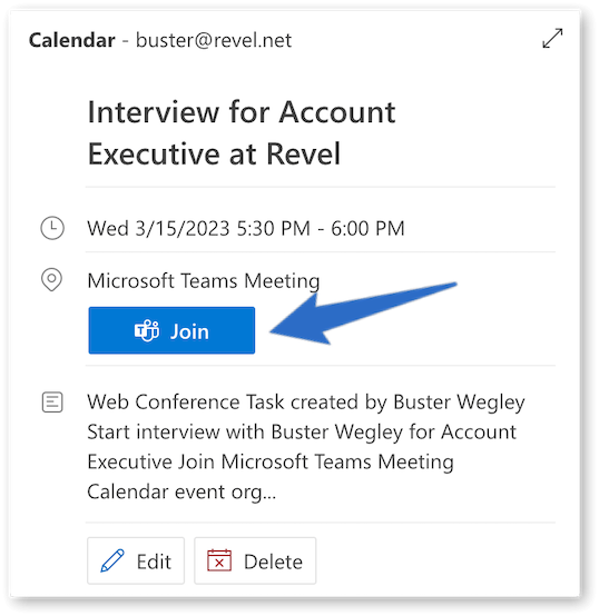Calendar event from JobScore with a direct link to join the scheduled interview on Microsoft Teams