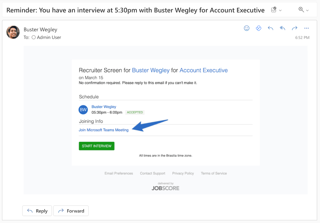 JobScore interview notification email with a one-click Microsoft Teams join link