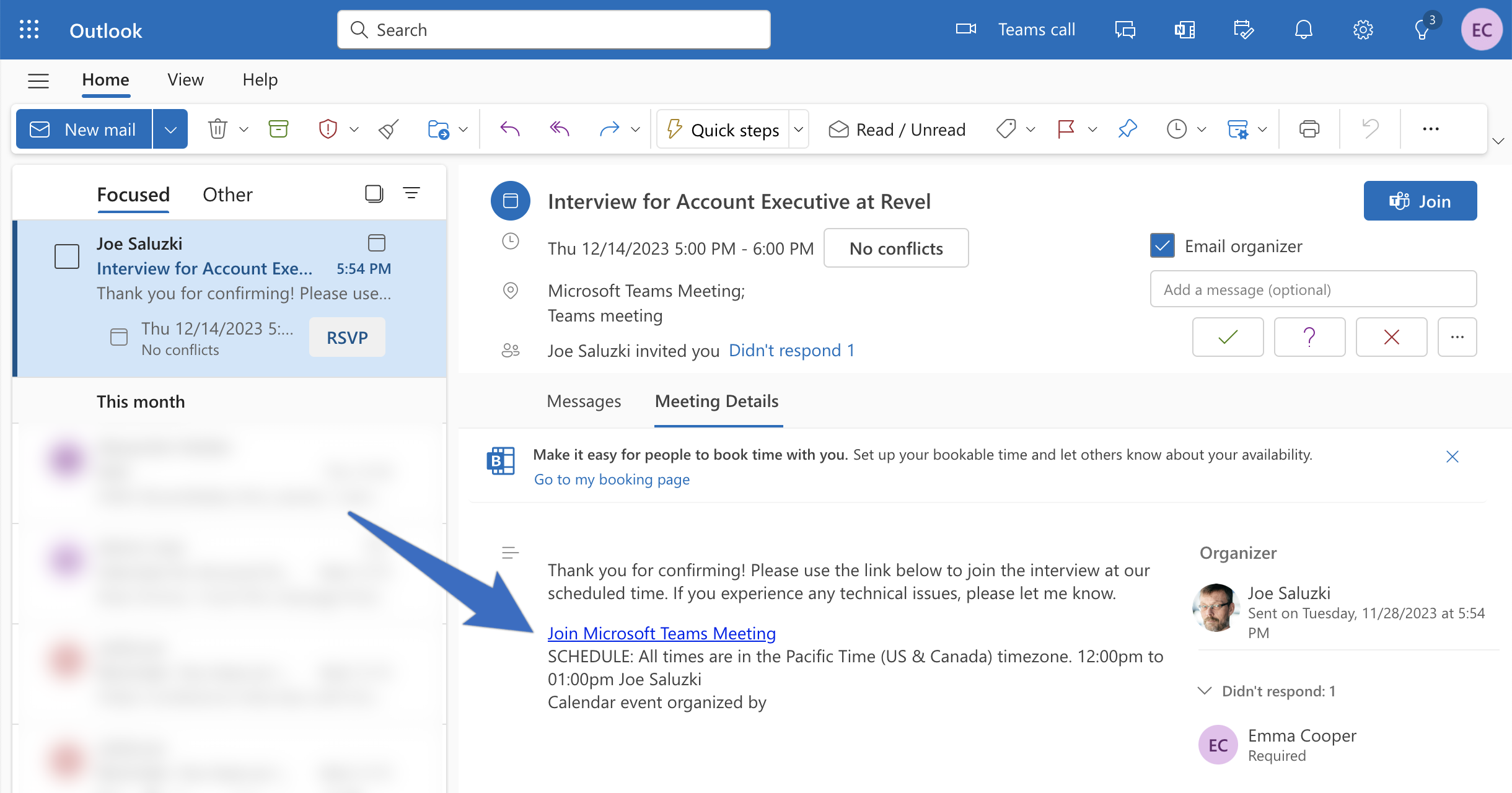 JobScore interview invitation email showing an embedded Microsoft Teams video conferencing link