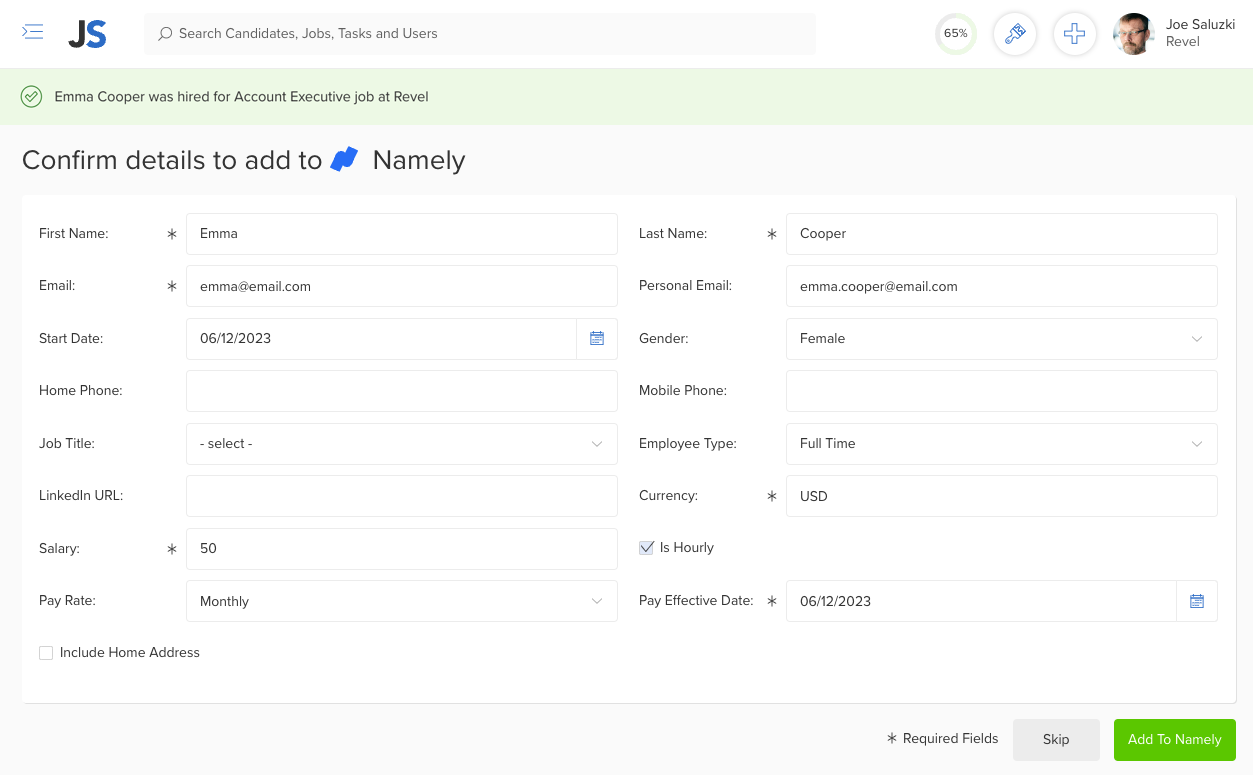 Sync hired candidates between ATS and HRIS via the JobScore Namely integration