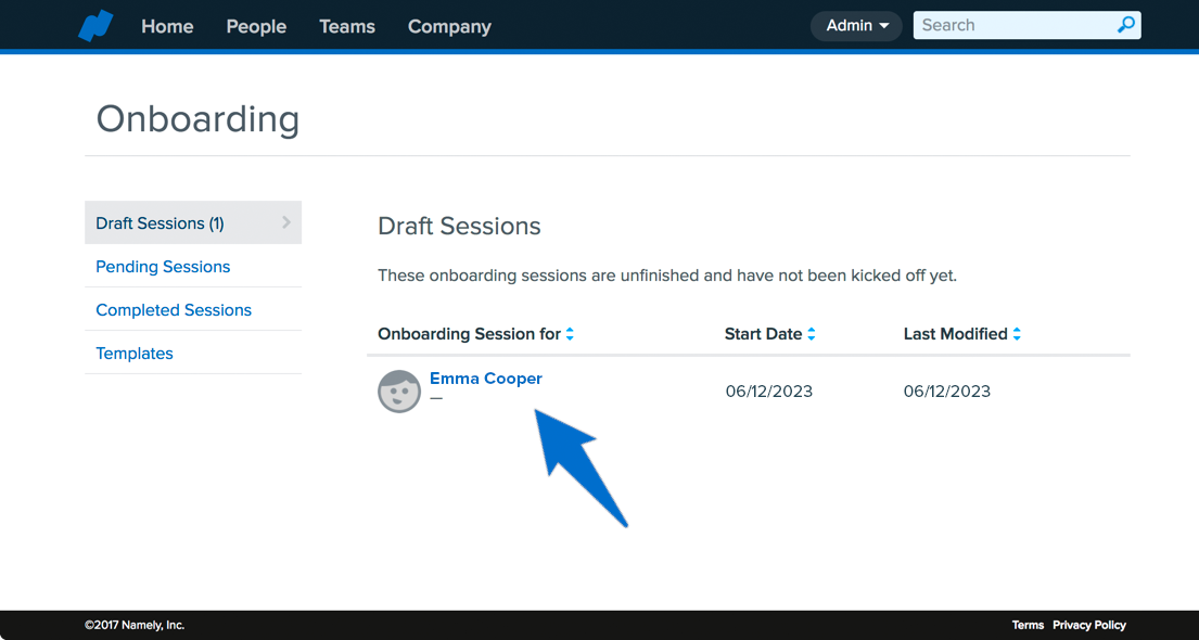 Namely HRIS interface showing an employee onboarding session using synced candidate data from the JobScore ATS integration