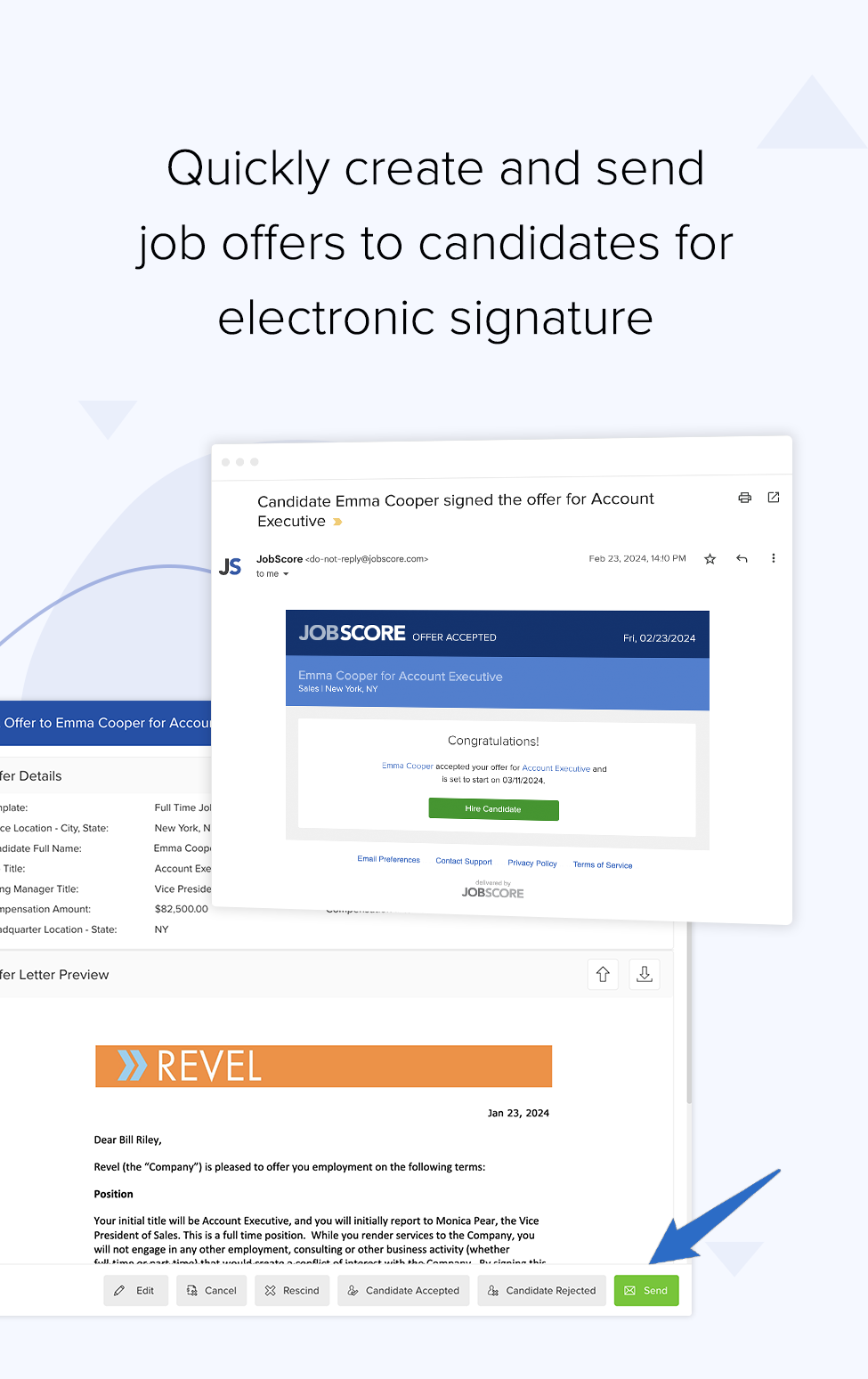 Quickly create and send job offers to candidates for electronic signature | mobile recruiting software offers