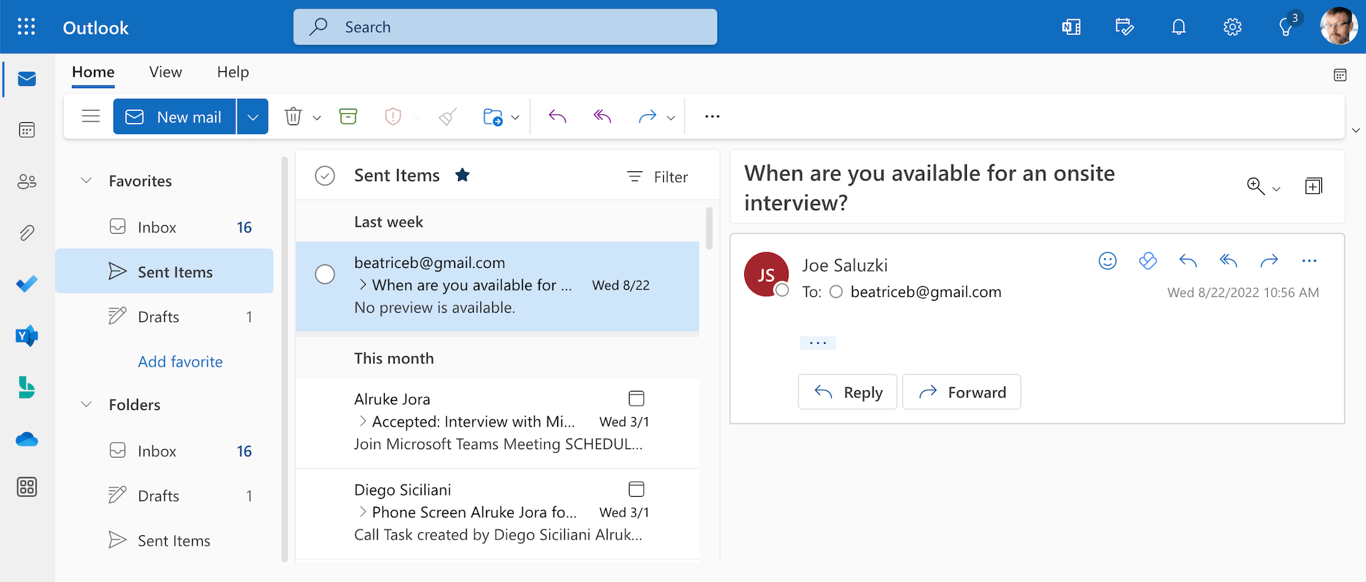 A synchronized native corporate Outook folder recording sent logs initiated inside JobScore