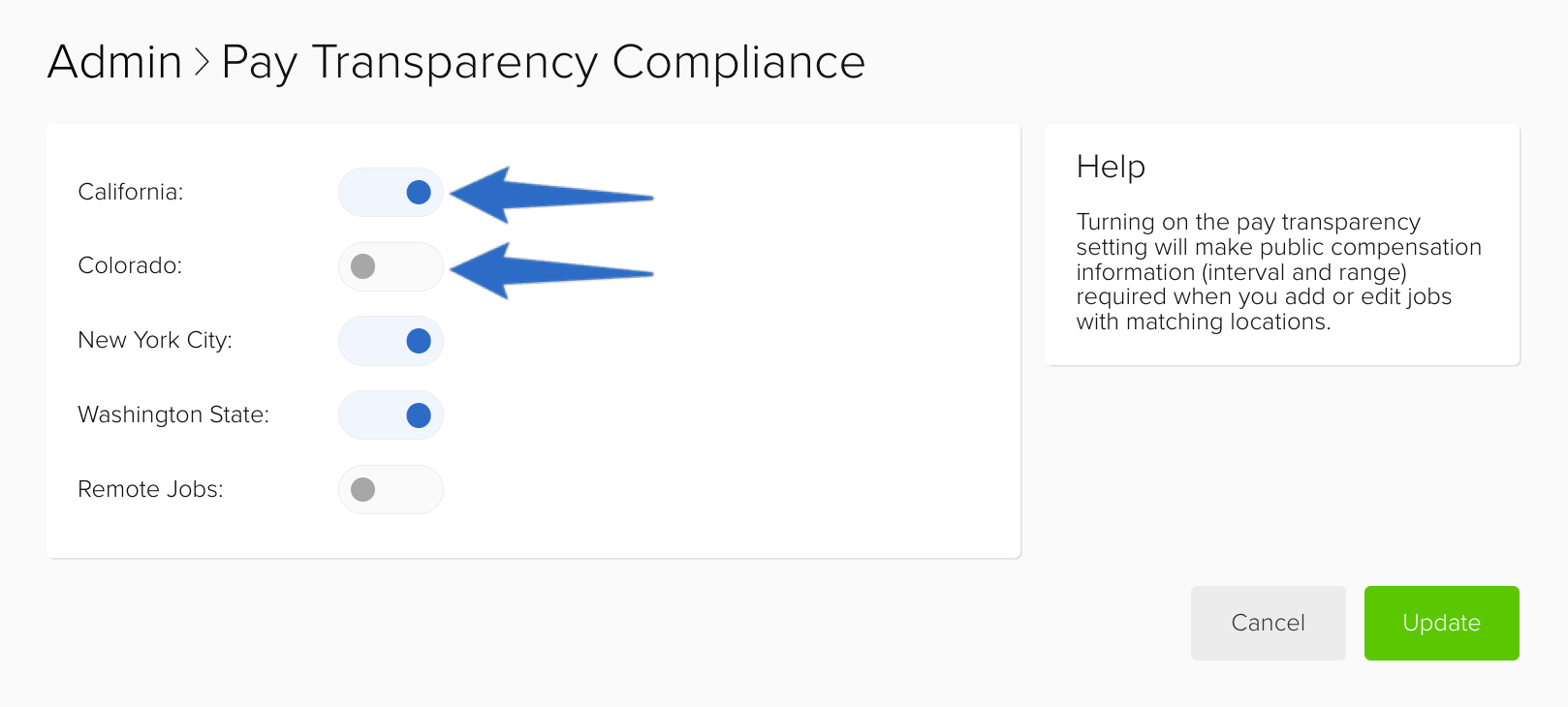 Edit pay transparency compliance settings for jobs