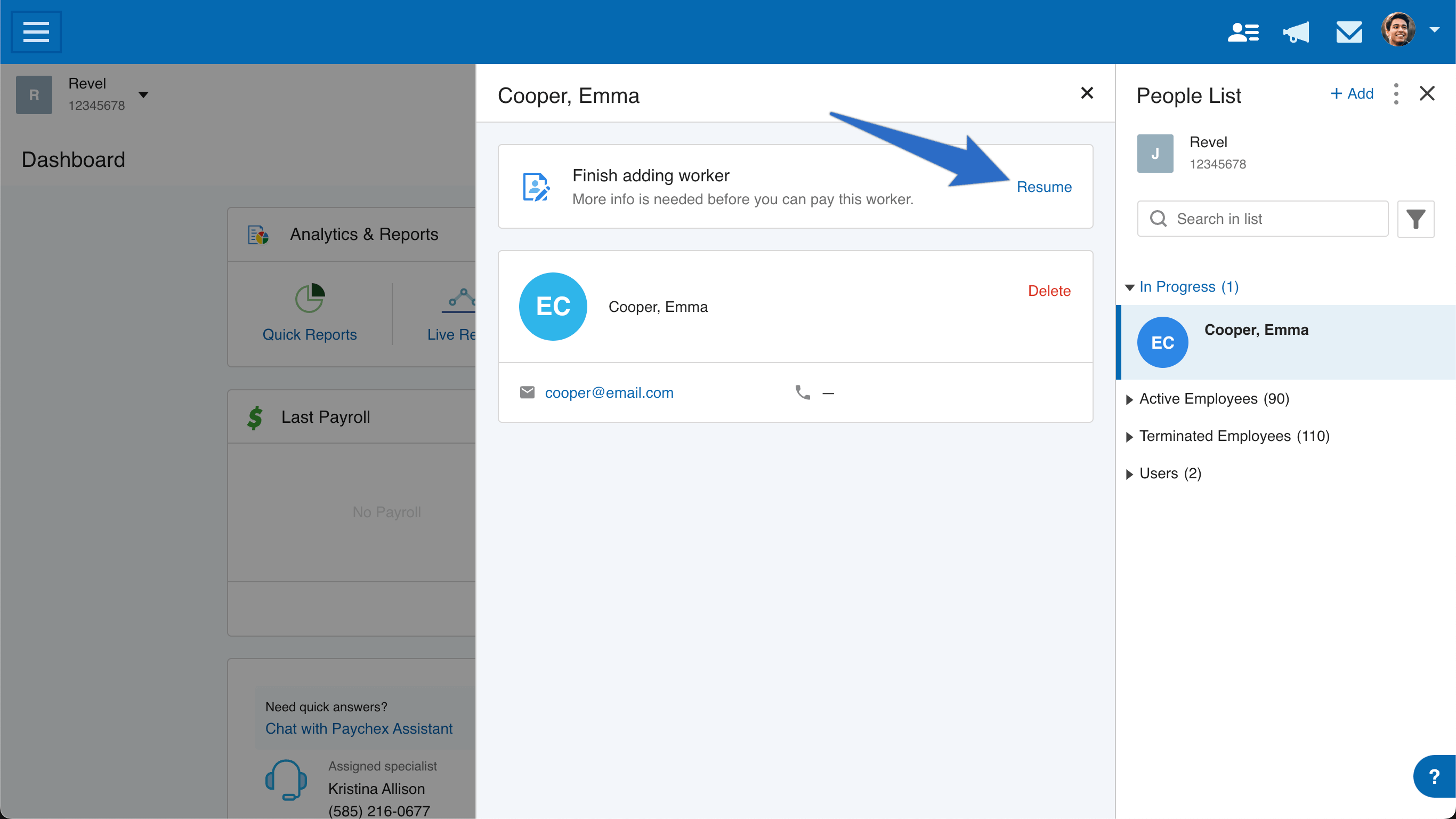 Paychex interface showing worker onboarding using synced candidate data from the JobScore ATS integration
