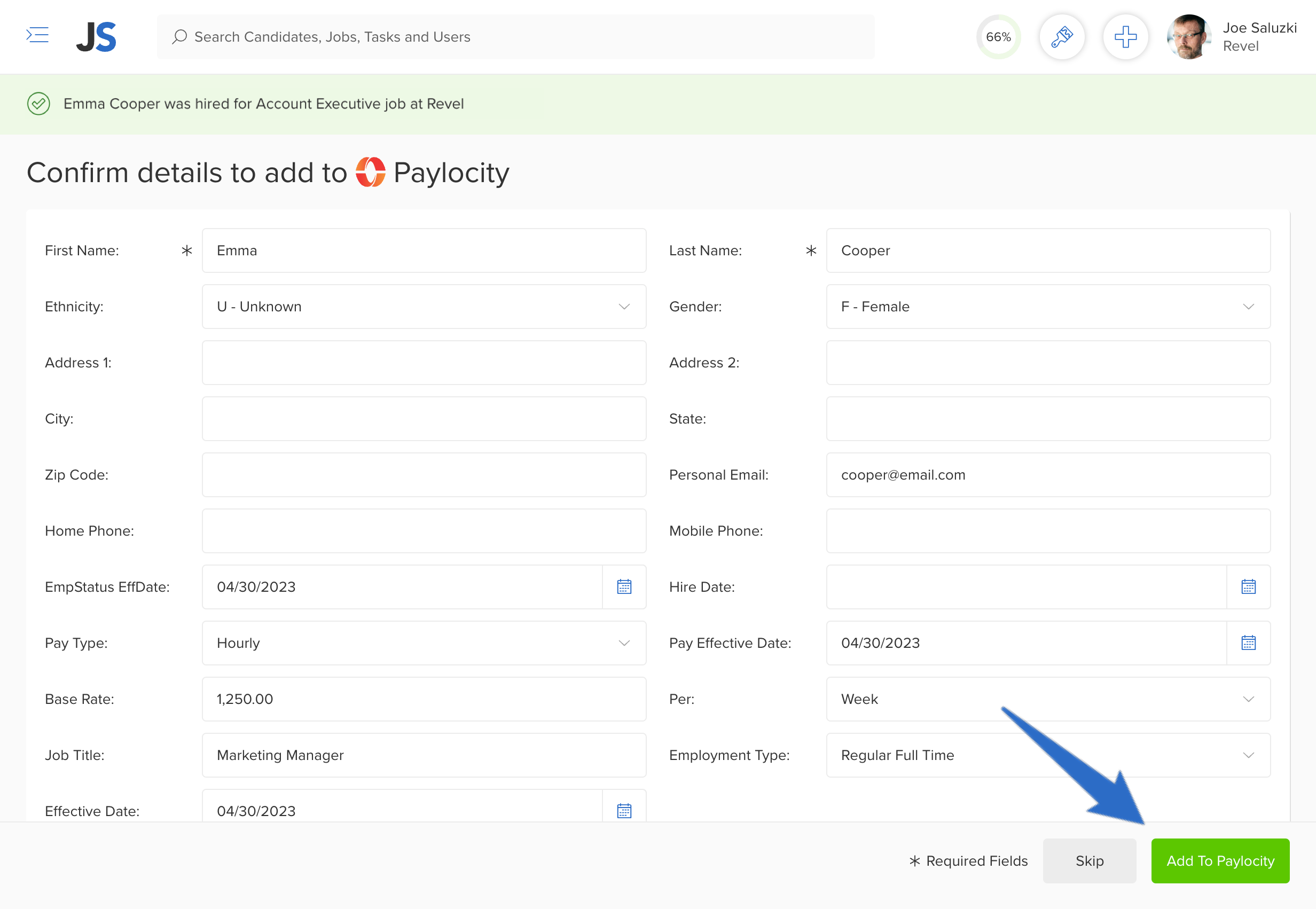 Sync hired candidates between ATS and HRIS via the JobScore Paylocity integration