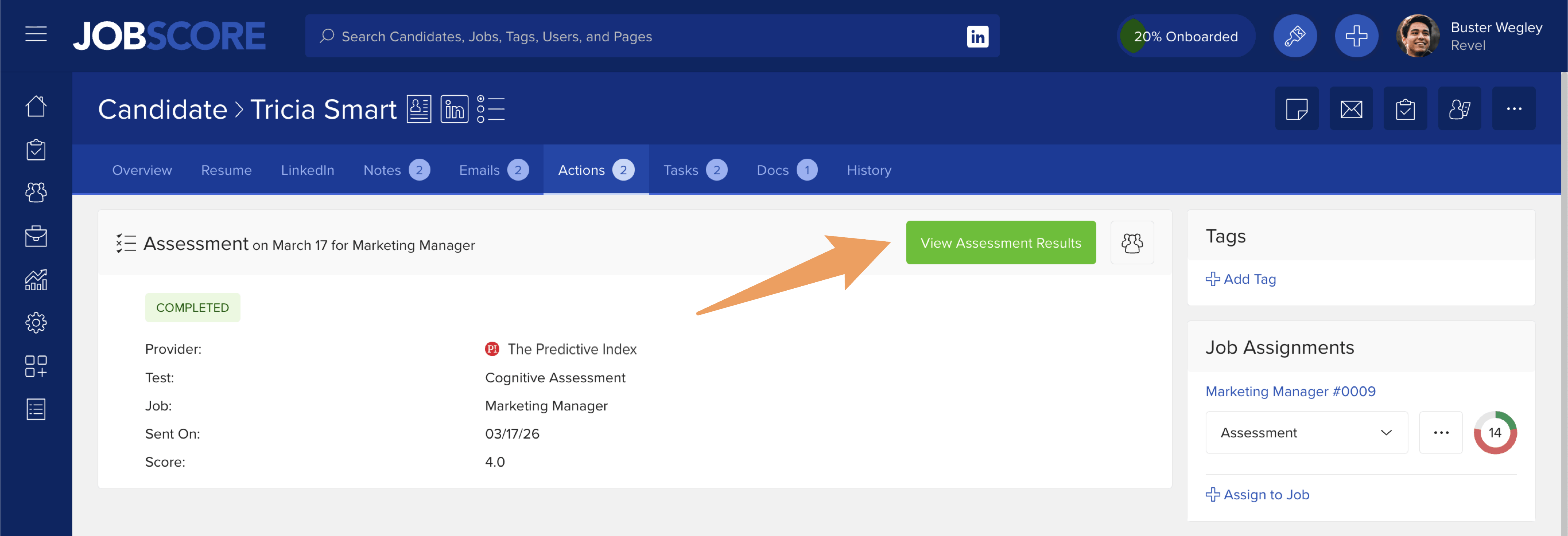 Completed Predictive Index assessment results shown on a candidate profile in JobScore