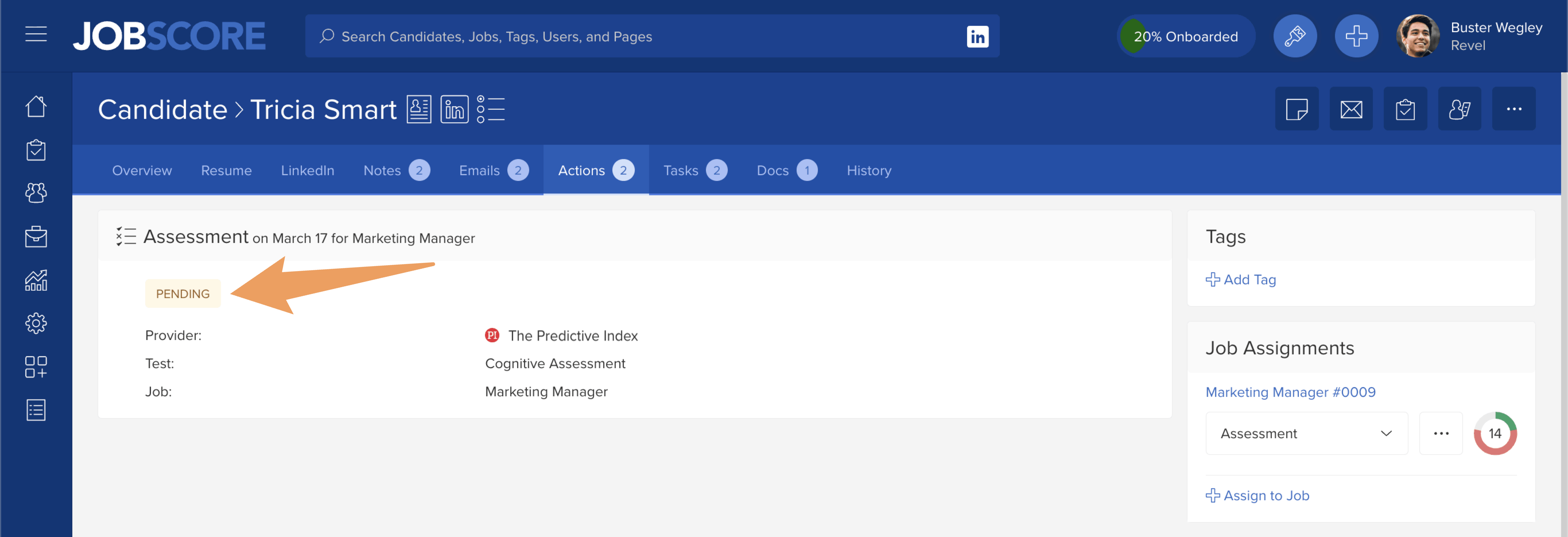Pending Predictive Index assessment shown on a candidate profile in JobScore