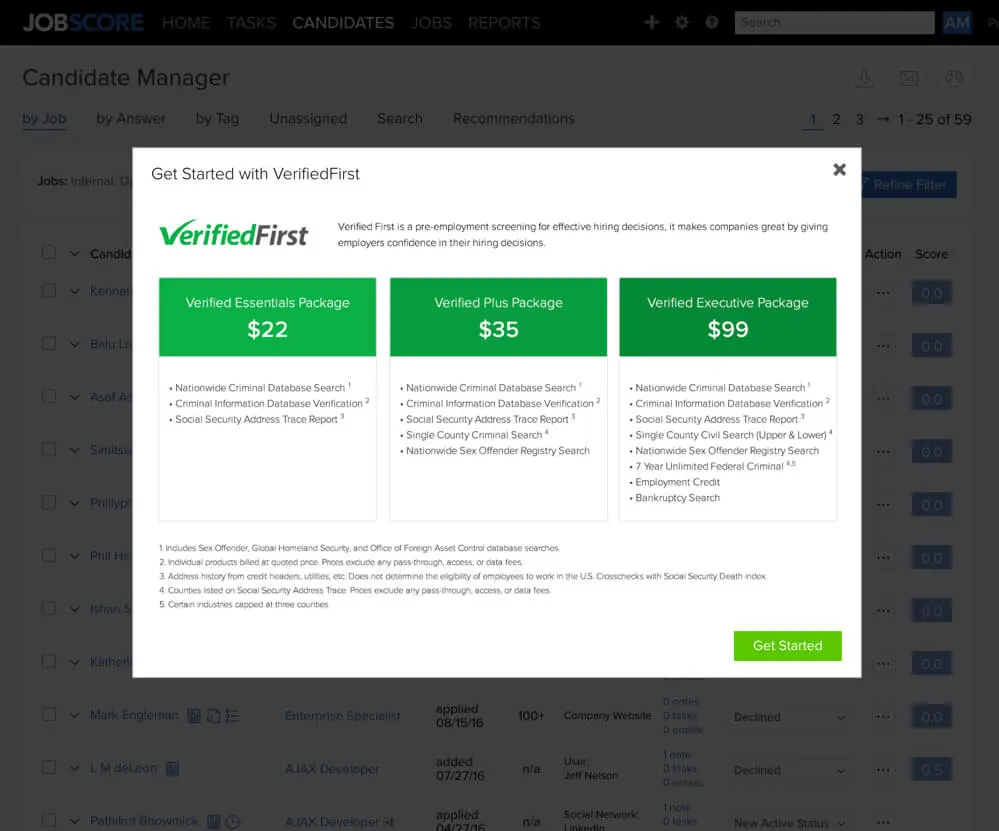 VerifiedFirst Plans and prices VerifiedFirst setup screen with prices and plans for JobScore