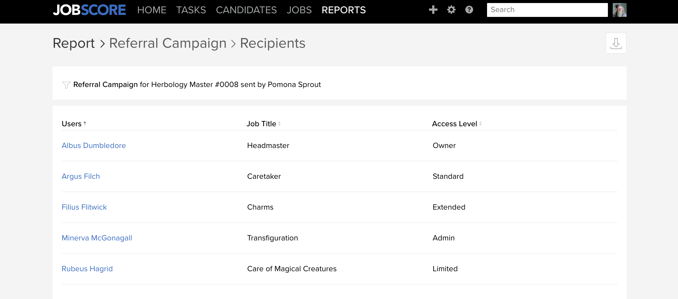 JobScore employee referral campaign report listing recipients by name, job title, and access level
