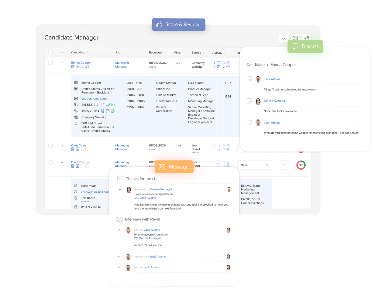 JobScore candidate manager overview showing candidate cards, notes panel, and messaging threads