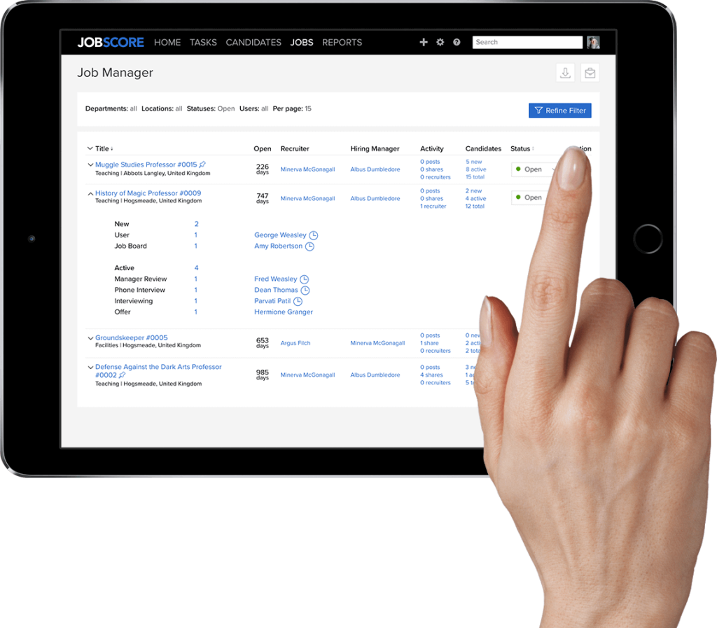 A hand using the job manager page on JobScore