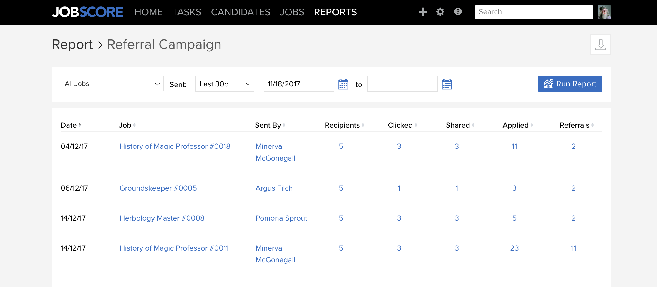 JobScore employee referral campaign report showing referrals, clicks, and applications by job