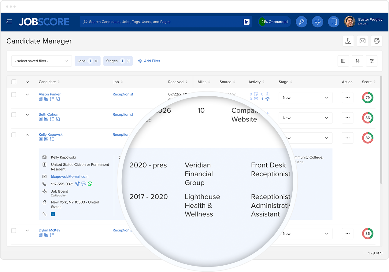 Magnified candidate resume overview using JobScore's Candidate Manager software.