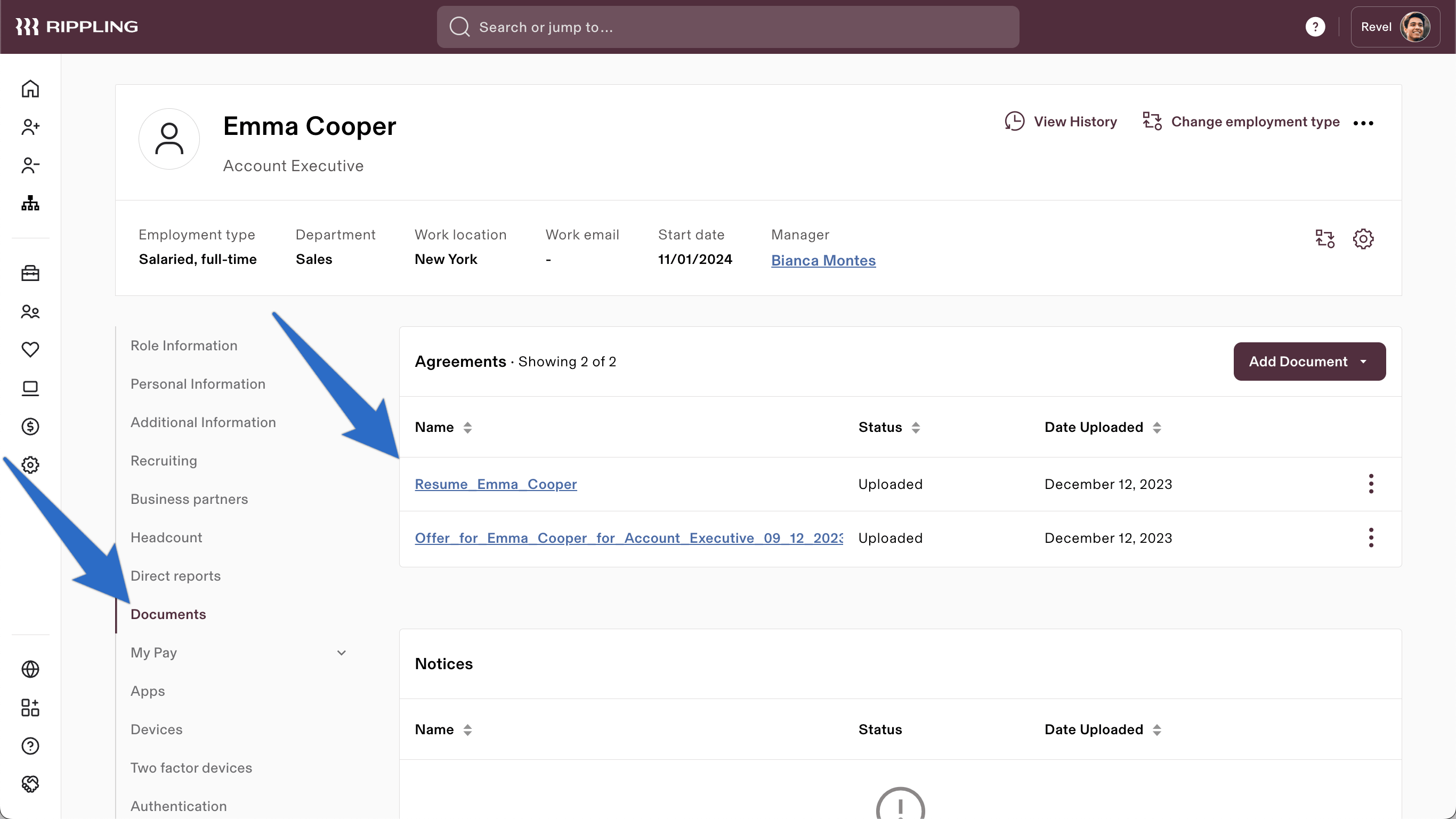 Candidate documents from JobScore synced into an employee's Rippling profile