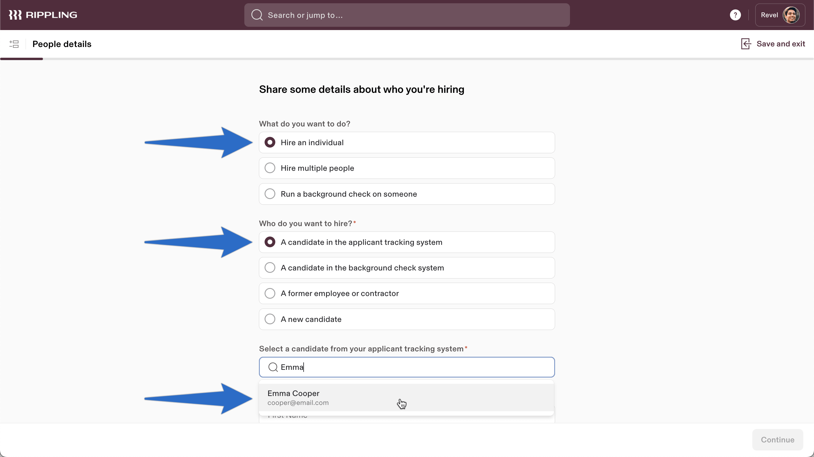 Rippling HRIS interface showing candidate onboarding using synced candidate data from the JobScore ATS integration