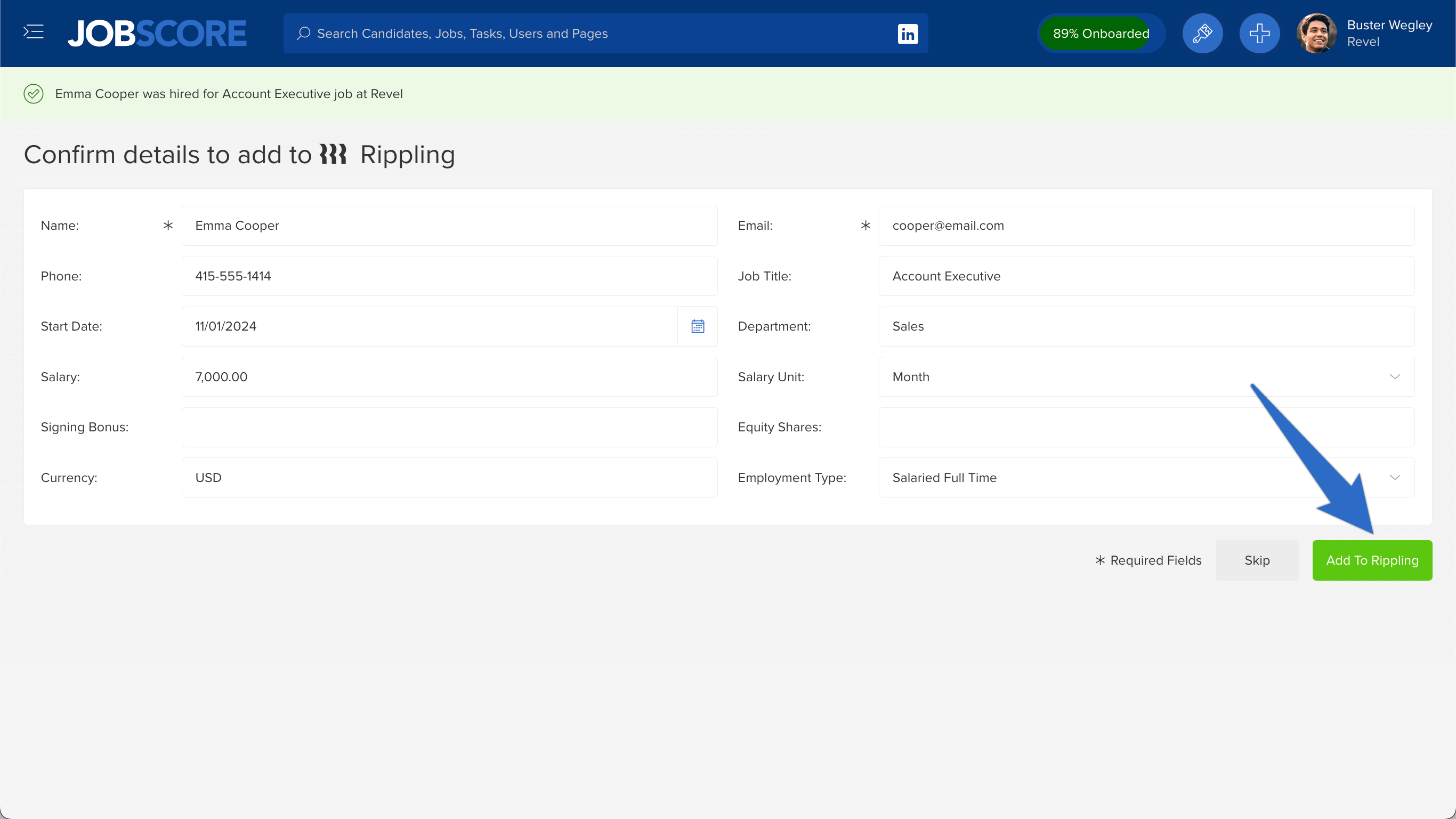 Sync hired candidates between ATS and HRIS via the JobScore Rippling integration