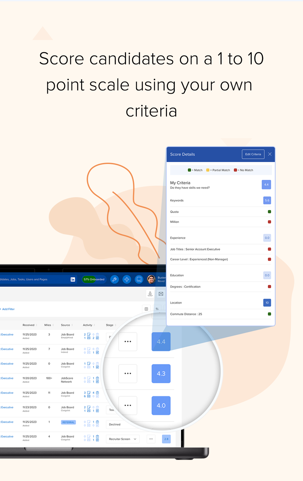 Score candidates on a 1 to 10 point scale using your own criteria | mobile recruiting software scores